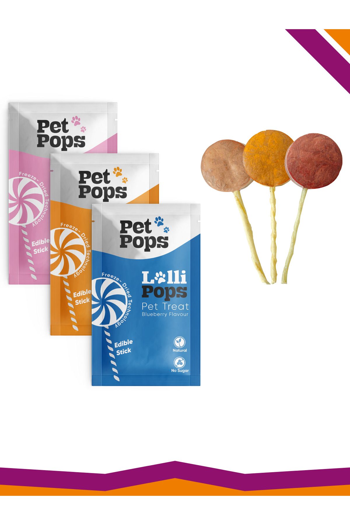 PET POPS Lollipops Dondurularak Kurutulmuş Karışık Mix Lezzet Paketi Kedi Köpek Ödülü Lolipop 3'lü Lolipopu