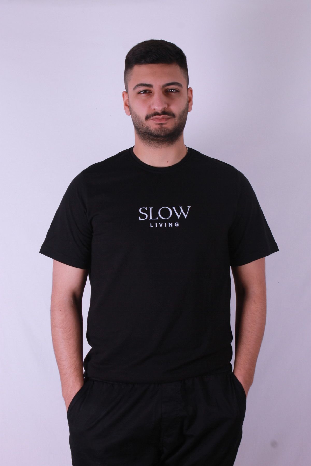 trender Slow Living Baskı Siyah Erkek T-Shirt