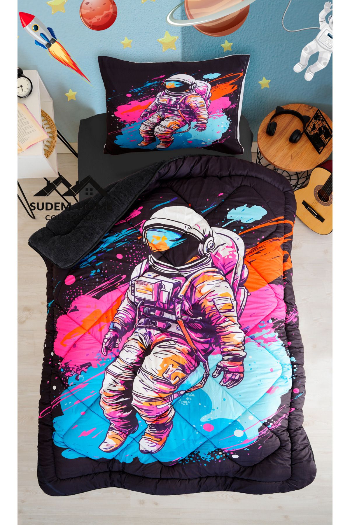 Sudem Home Collection 3D Astronot Tek Kişilik Welsoft Yorgan Uzaylı Peluş Pufidik Wellsoft Yorgan Seti