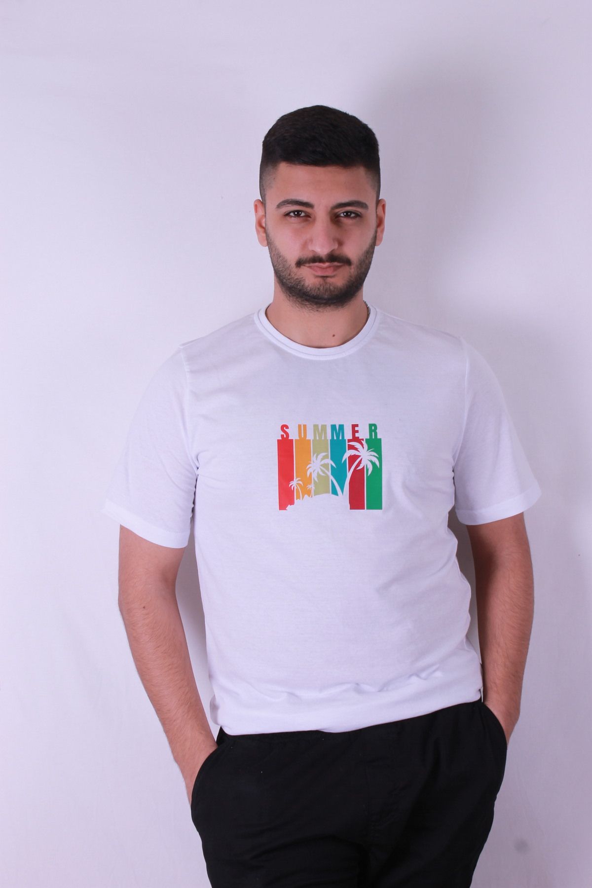 trender Summer Palmiye Baskı Beyaz Erkek T-Shirt