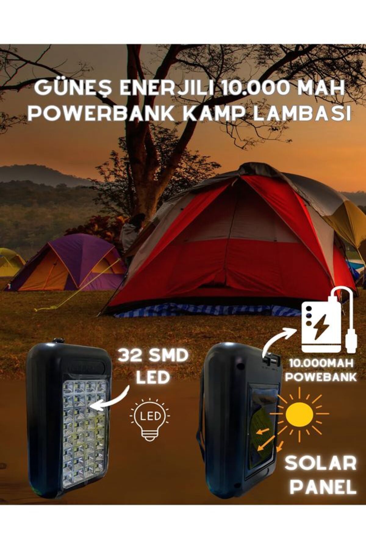 Aleeza 10,000 mah Powerbank, Solar Kamp Lambası, 32 Ledli Su Geçirmez, HızlıŞarj Led