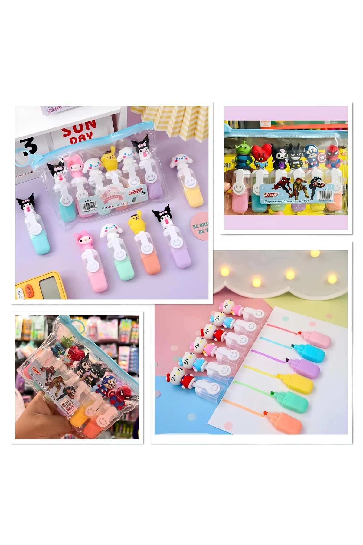 ZL Shoping Kuromi,hello Kitty,ve Süper Kahramanlı Fosforlu 6 'lı Kalem Seti Alk3129