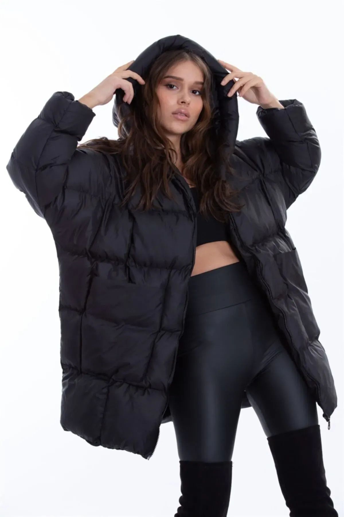 CurcunaShop-Bat Model Damenmantel mit Kapuze, Übergröße, Schwarz 2