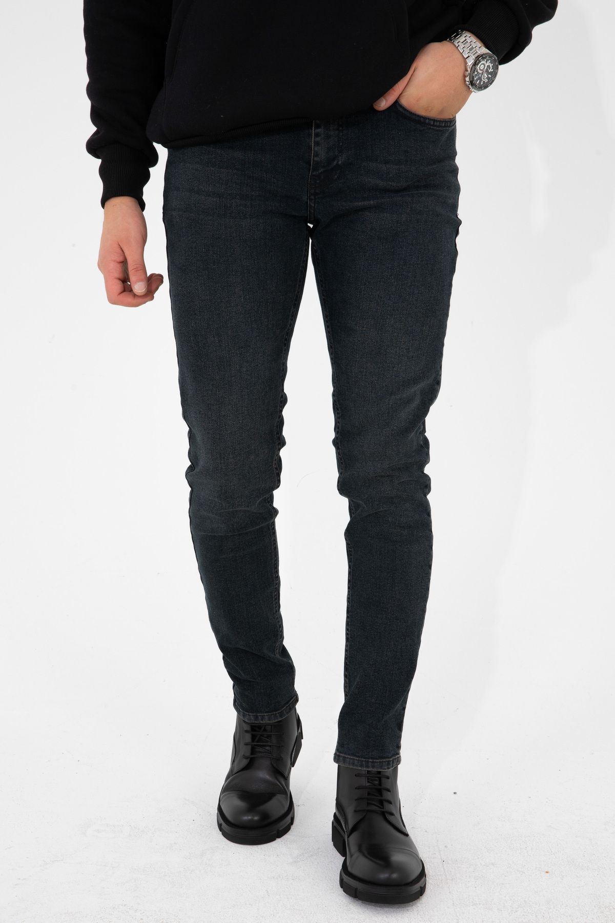 HLT JEANS Męskie, Szlifowane, Antracytowe, Slim Fit, Elastyczne Dżinsy Z Lycry, Spodnie Dżinsowe Hlthe001935 Mężczyzna - 30/31