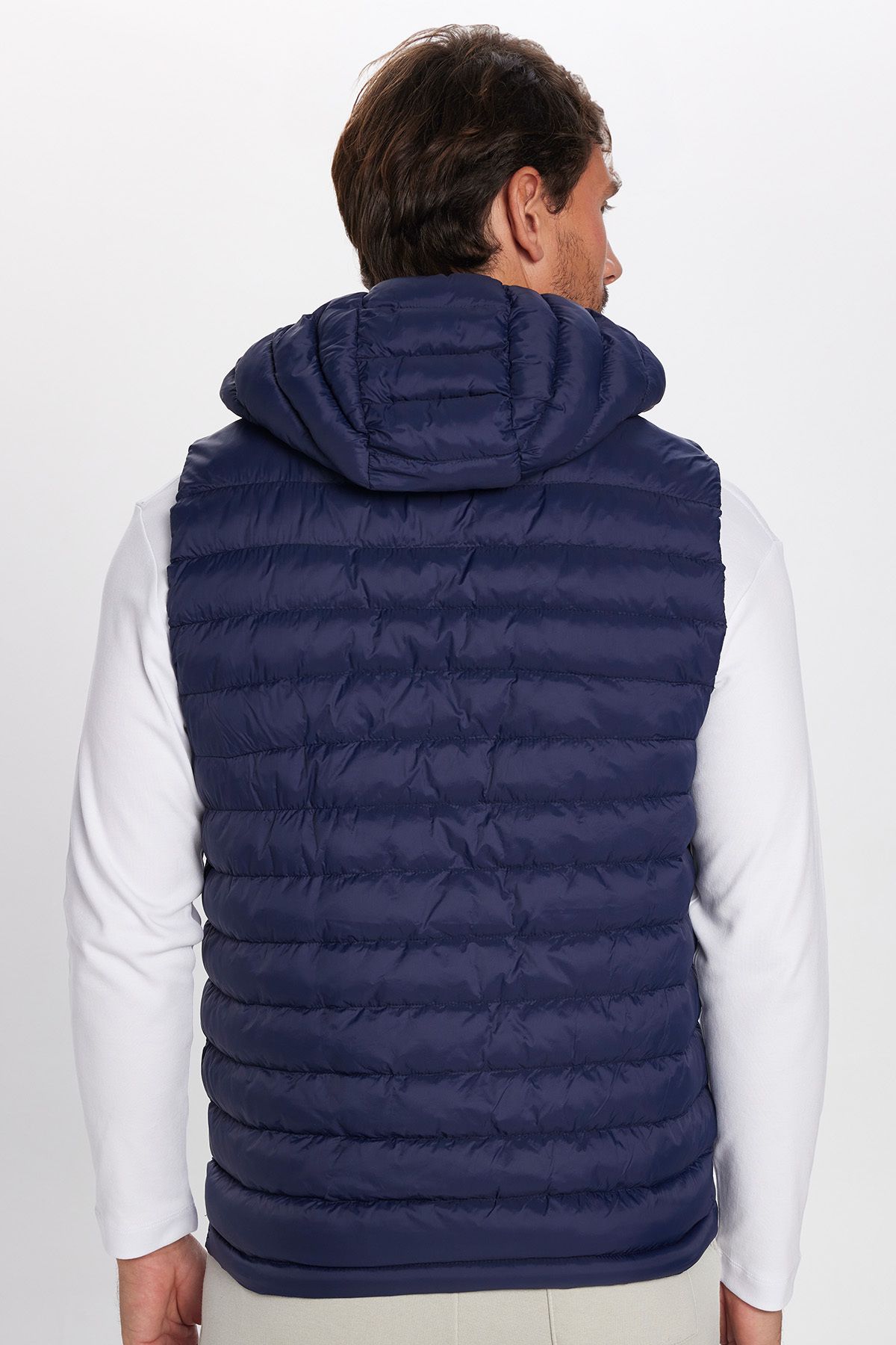 Tudors-Men's Slim Fit Slim Fit Lined Windproof Pocket Navy Blue Detachable Hood Puffer Vest 5
