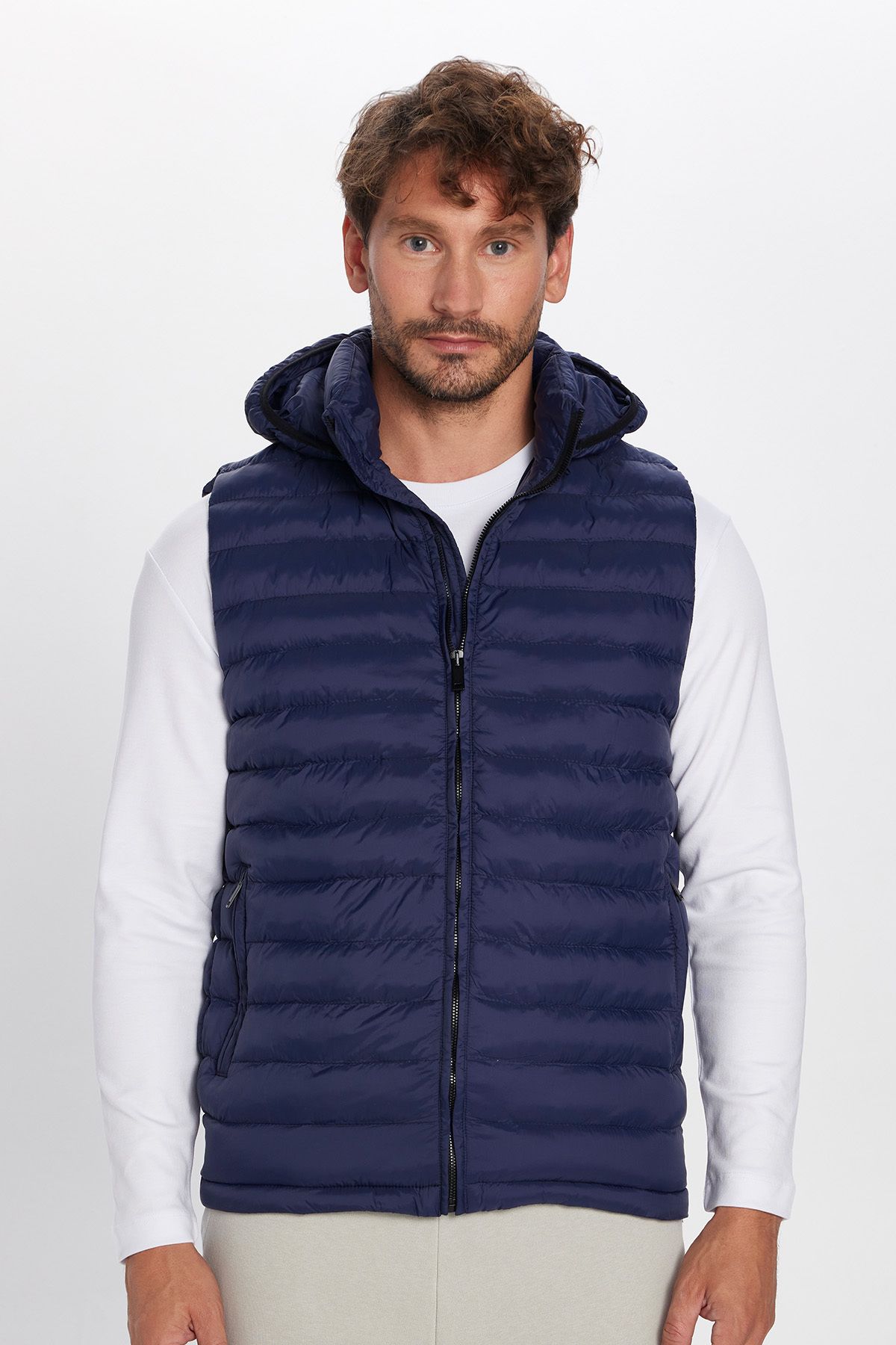 Tudors-Men's Slim Fit Slim Fit Lined Windproof Pocket Navy Blue Detachable Hood Puffer Vest 4