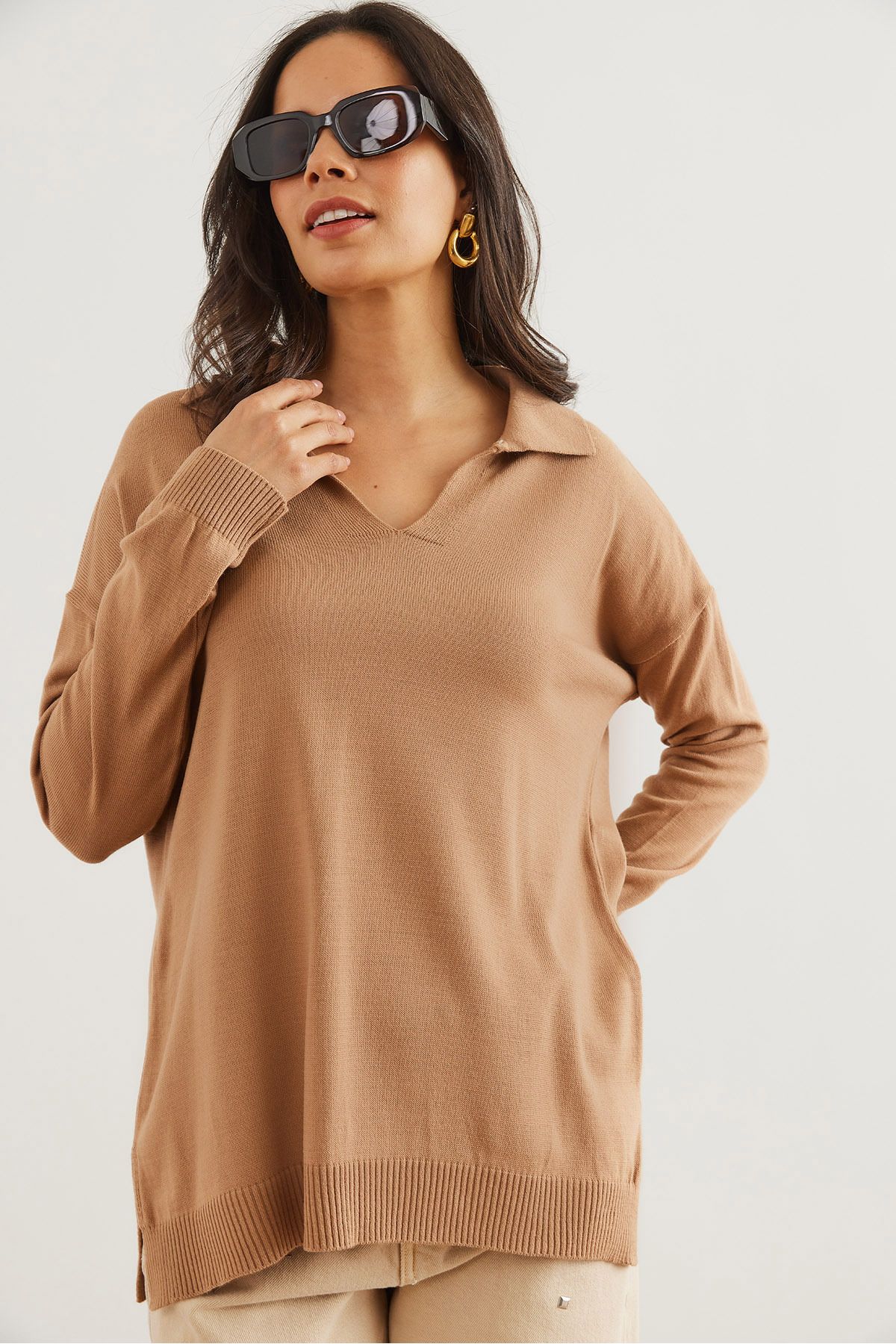 Olalook-Women's Camel Polo Neck Basic Knitwear Sweater Kzk- 19000871 3