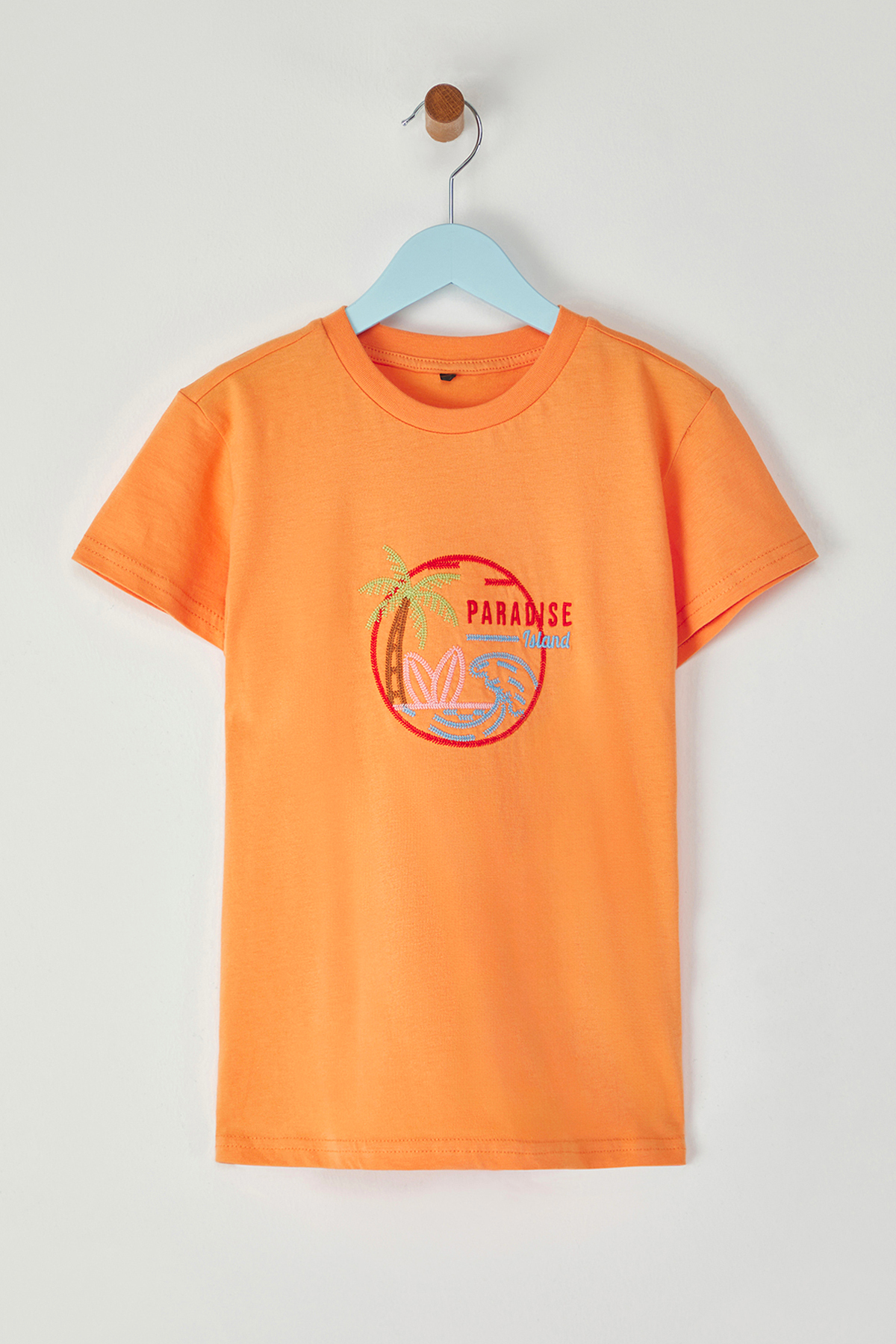 Trendyolmilla Kids Turuncu Erkek Çocuk %100 Pamuk Palmiye Nakışlı Regular Kalıp Kısa Kol Örme T-Shirt TKDSS25TS00049