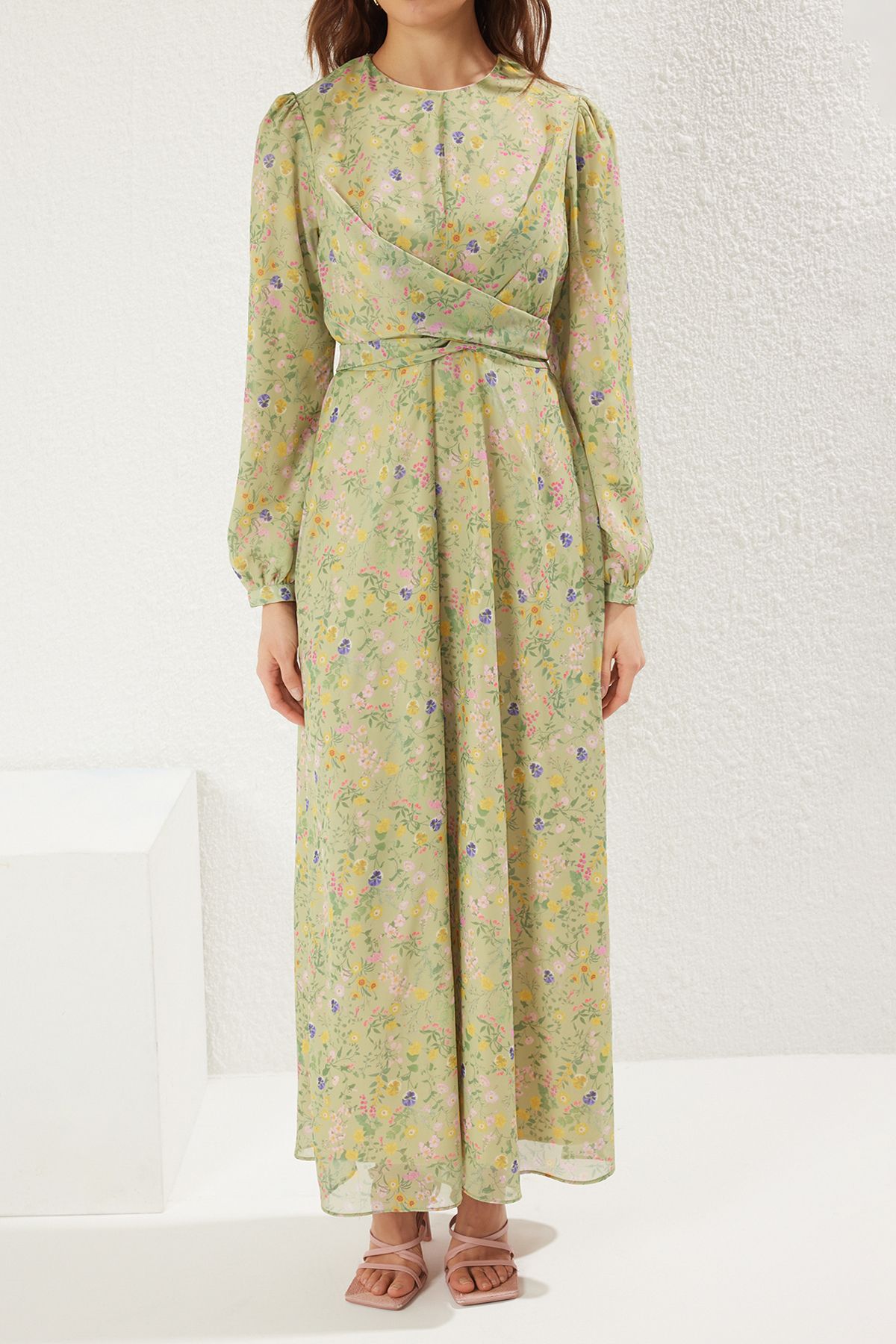 Trendyol Modest-Green Double Breasted Tied Chiffon Lined Woven Floral Dress Tctss25Eb00072 4