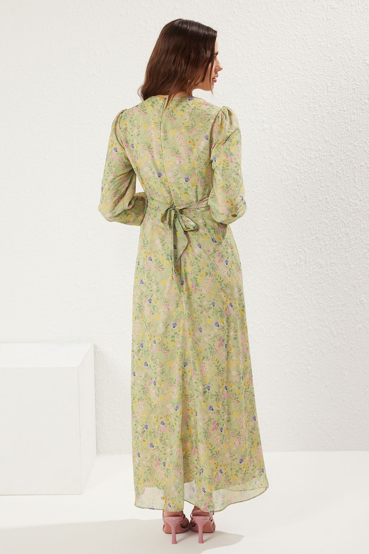 Trendyol Modest-Green Double Breasted Tied Chiffon Lined Woven Floral Dress Tctss25Eb00072 5