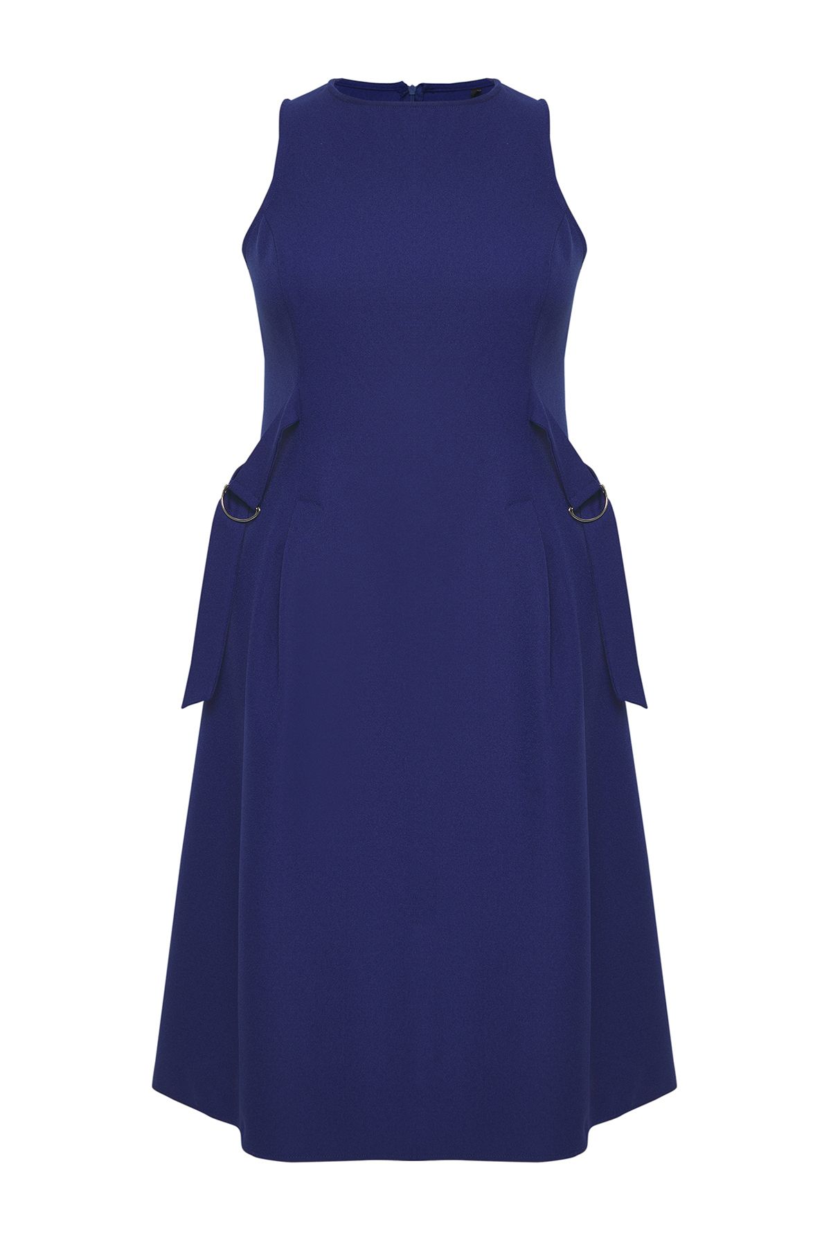 Trendyol Curve-Navy Blue Midi Length Woven Plus Size Dress with Adjustable Accessories on Waist Tbbss25Ah00100 6
