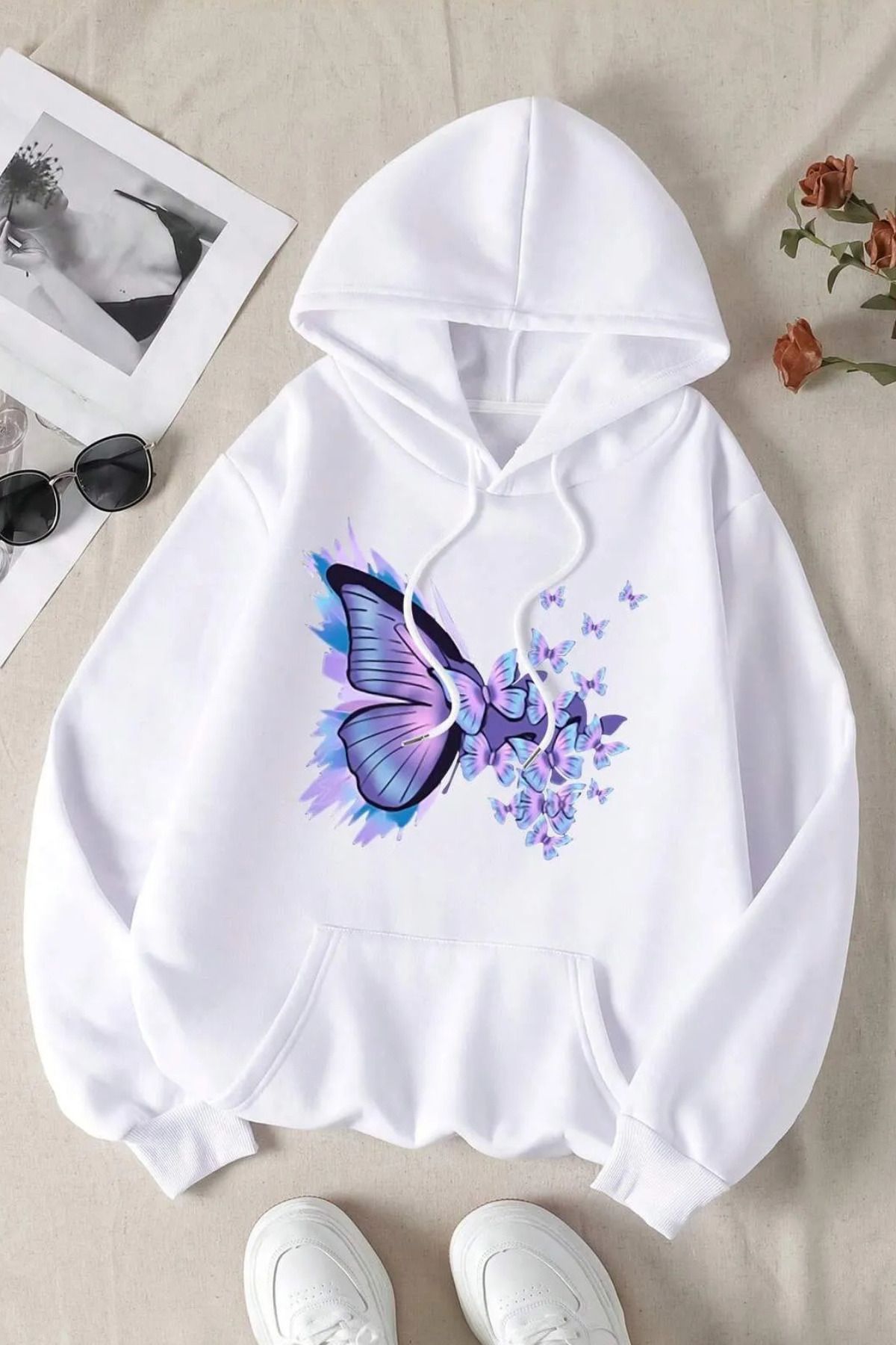 FECCY Pamuklu mor kelebek ön baskılı beyaz oversize kapşonlu sweatshirt hoodie