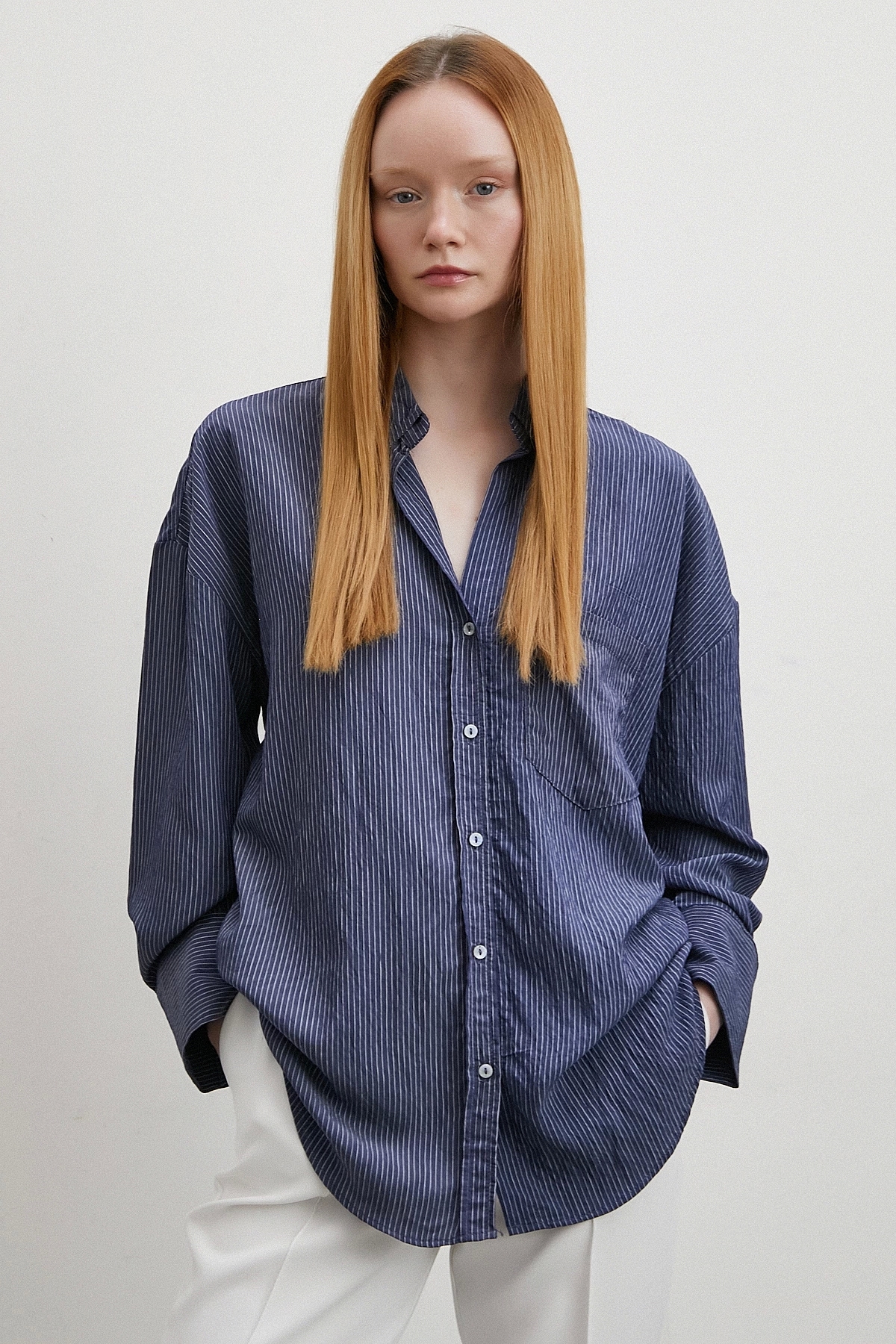 Never more  Cepli Çizgili Gömlek Lacivert - Görsel 4