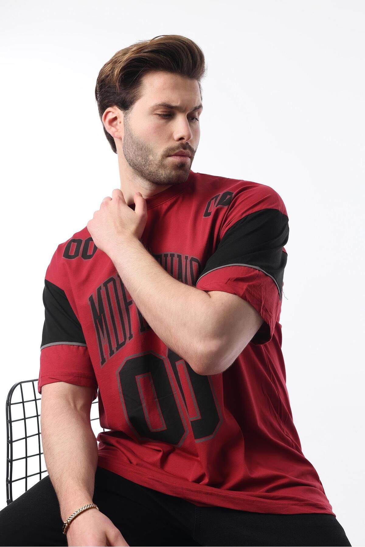 Madmext Bordo Baskılı Pamuklu Oversize Erkek T-shirt 7035