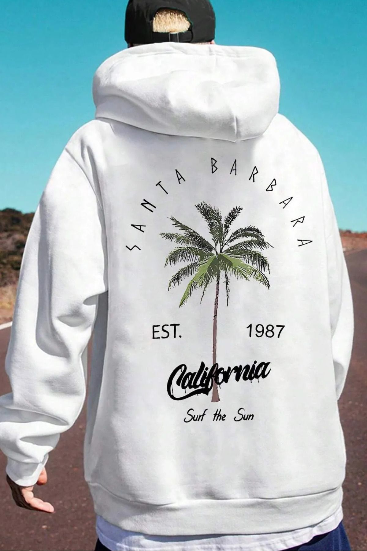 FECCY Pamuklu santa barbara ön arka baskılı beyaz oversize kapşonlu sweatshirt hoodie