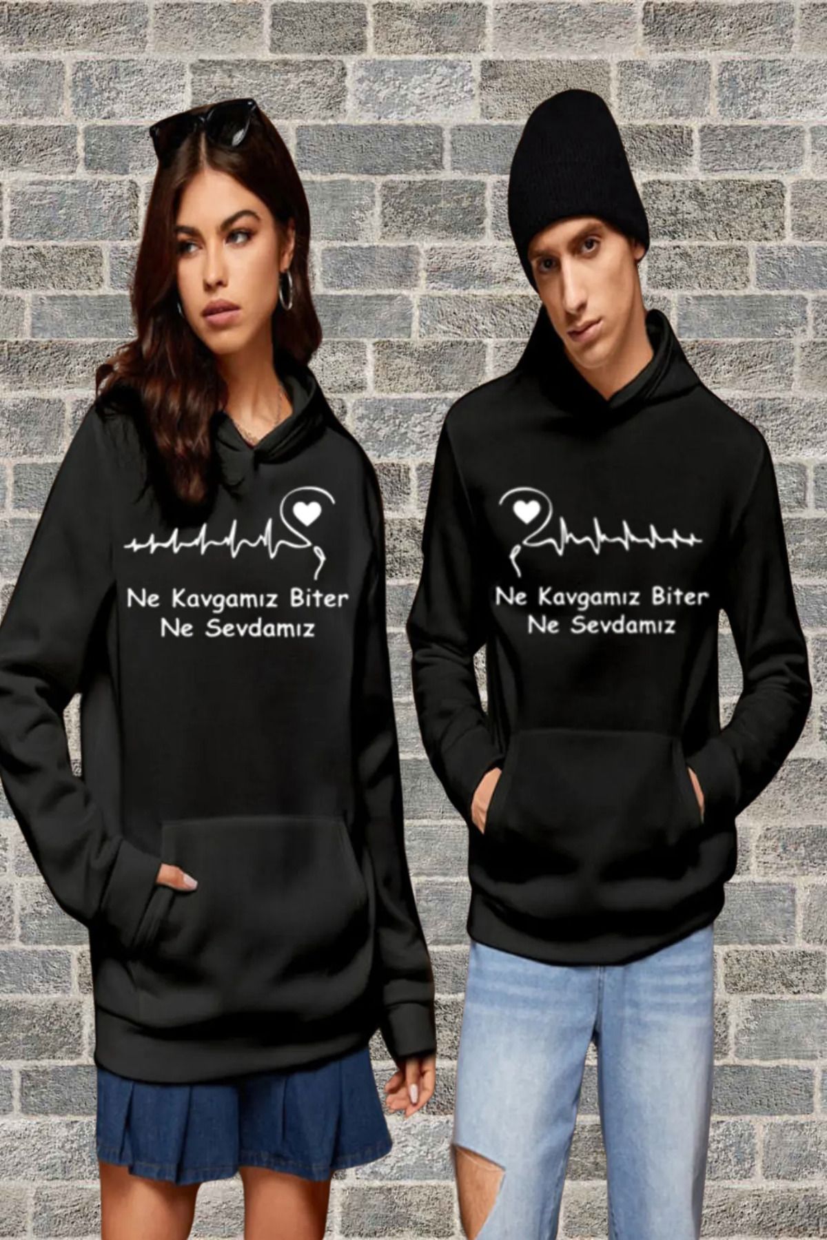 FECCY Pamuklu Sevgili Çift Kombin - Siyah Baskılı Oversize Bisiklet Yaka Sweatshirt