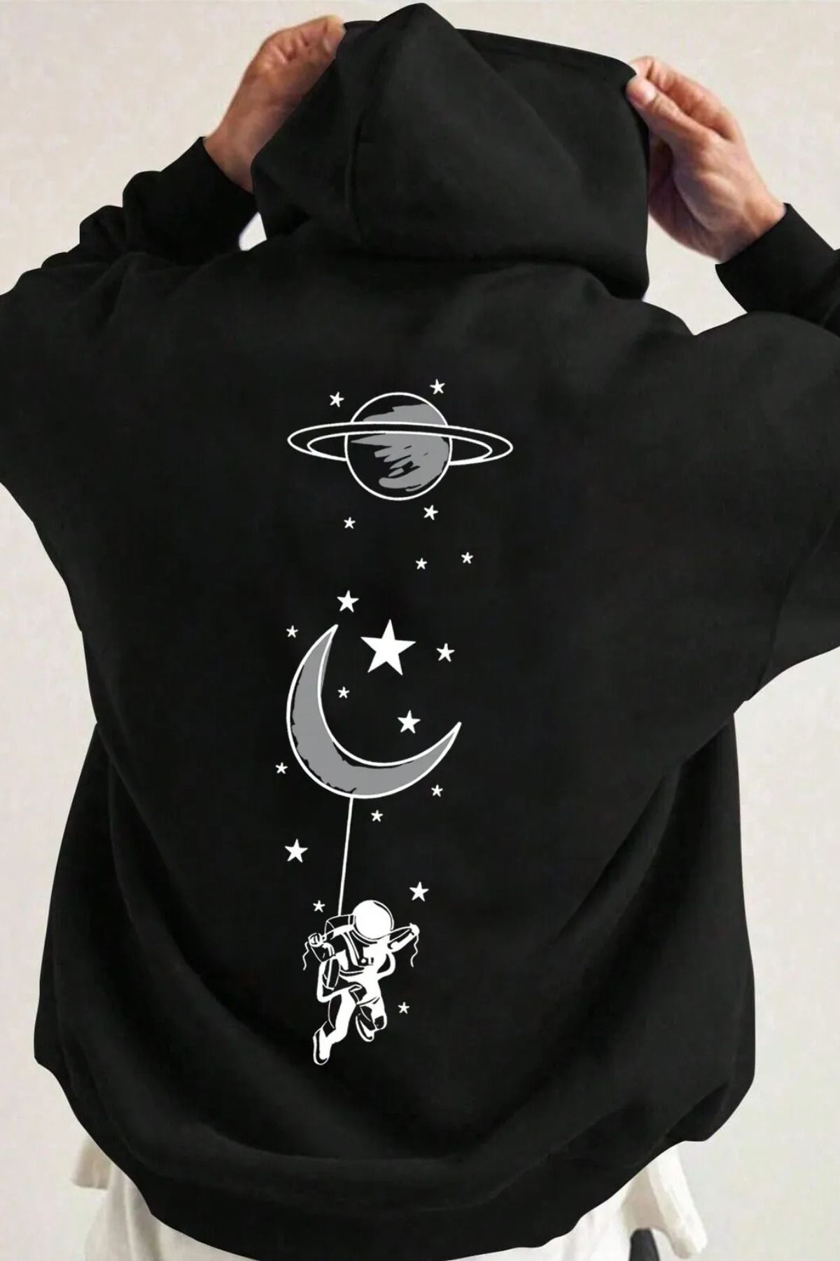 FECCY Pamuklu tırmanan astronot arka baskılı siyah oversize kapşonlu sweatshirt hoodie