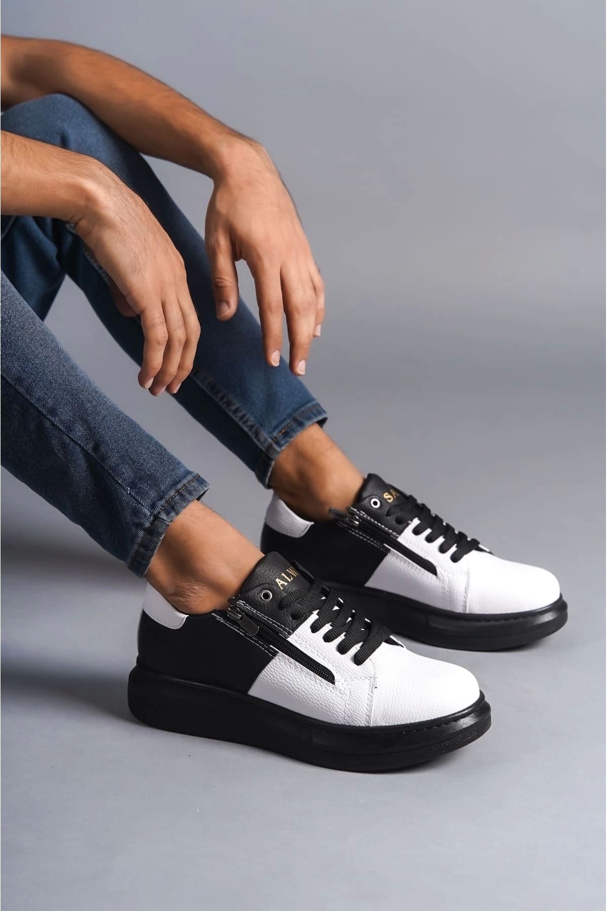 TB Terzi Bey Tb155 Warrior Bağcıklı Ve Fermuarlı Cilt Erkek Günlük Sneaker Ayakkabı Cst - Siyah/beyaz