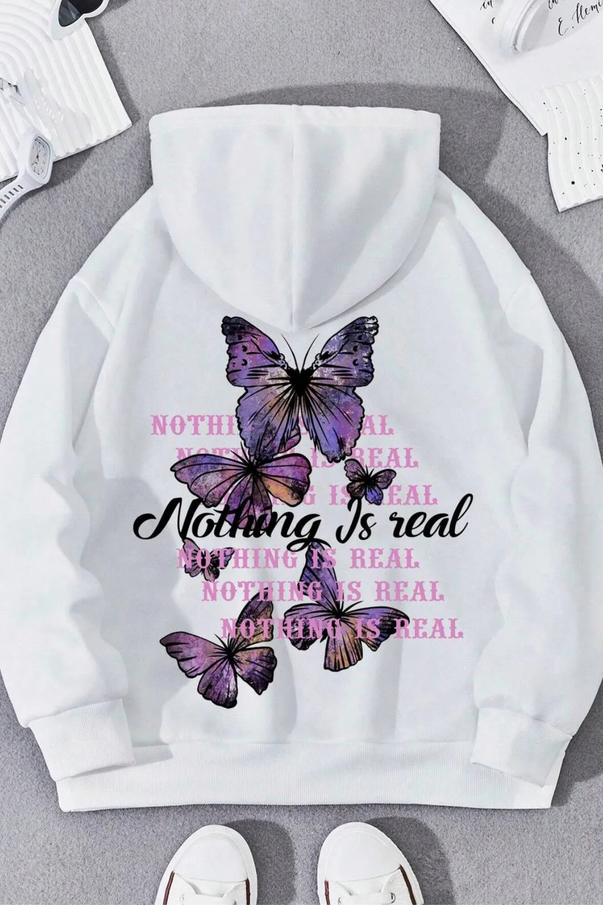 Wish BF mor kelebekler arka baskılı oversize kapşonlu sweatshirt hoodie görsel 2