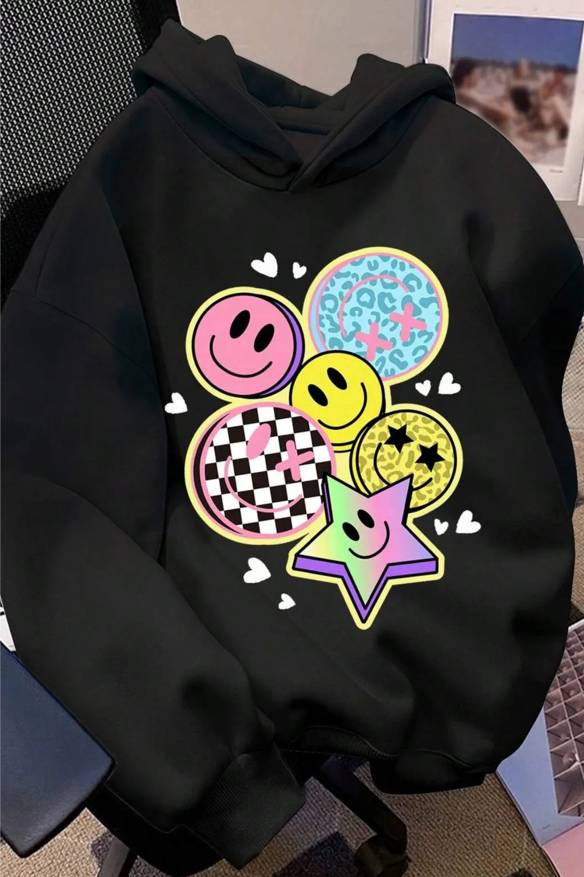 Wish BF _yıldızlar ve gülen yüzler ön baskılı  oversize kapşonlu sweatshirt hoodie