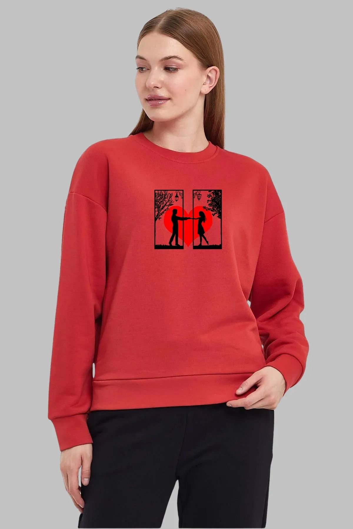 Wish BF Unisex Regular Kesim Uzun Kollu Elele Çift Baskılı Bisiklet Yaka Kapüşonsuz Şardonlu Sweatshirt