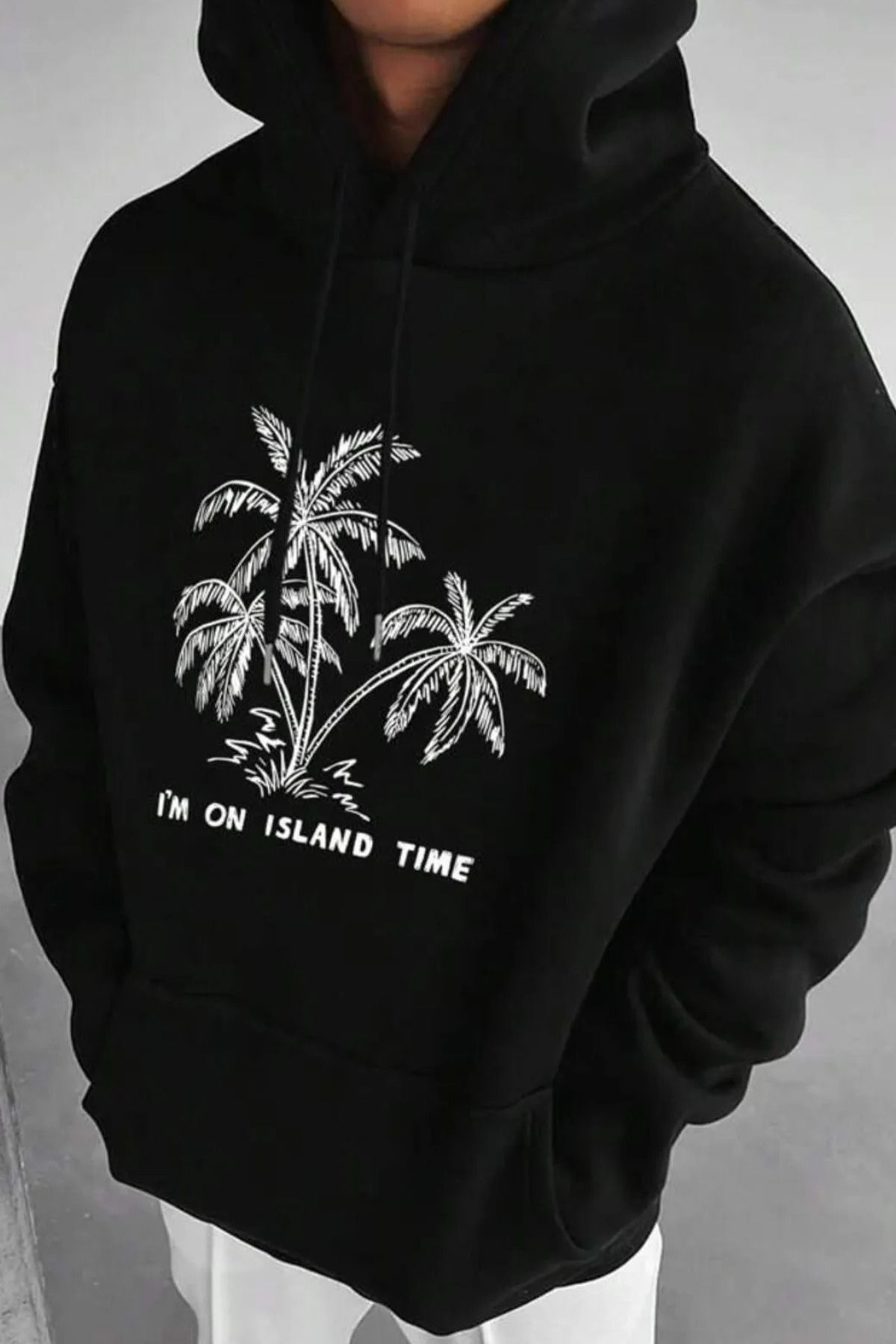 Wish BF Unisex Island Baskılı Oversize Kışlık Pamuklu Kapüşonlu Sweatshirt Hoodie