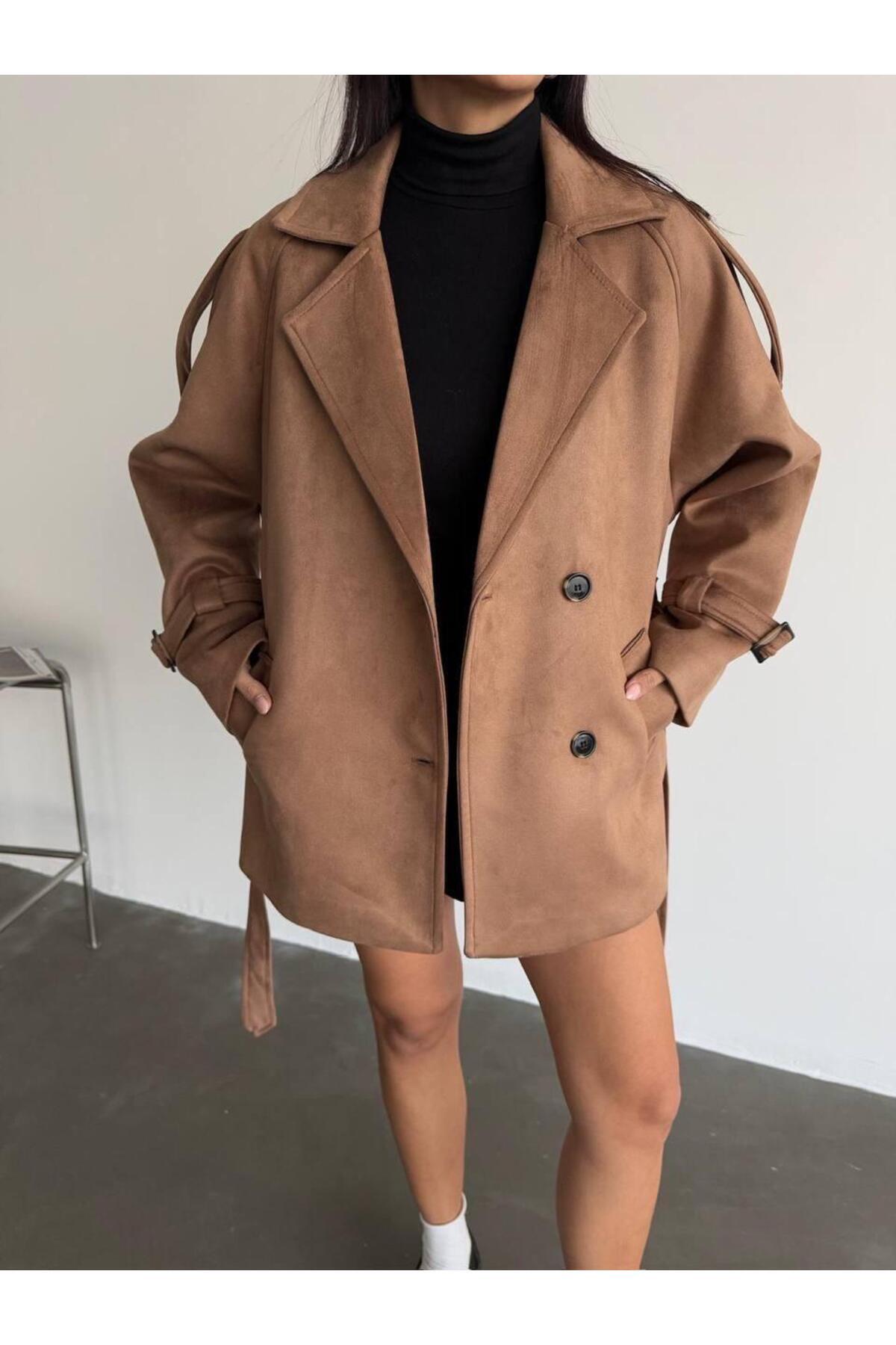 BUTİK ELAJ-Women's Brown Scuba Suede Belted Jacket 1