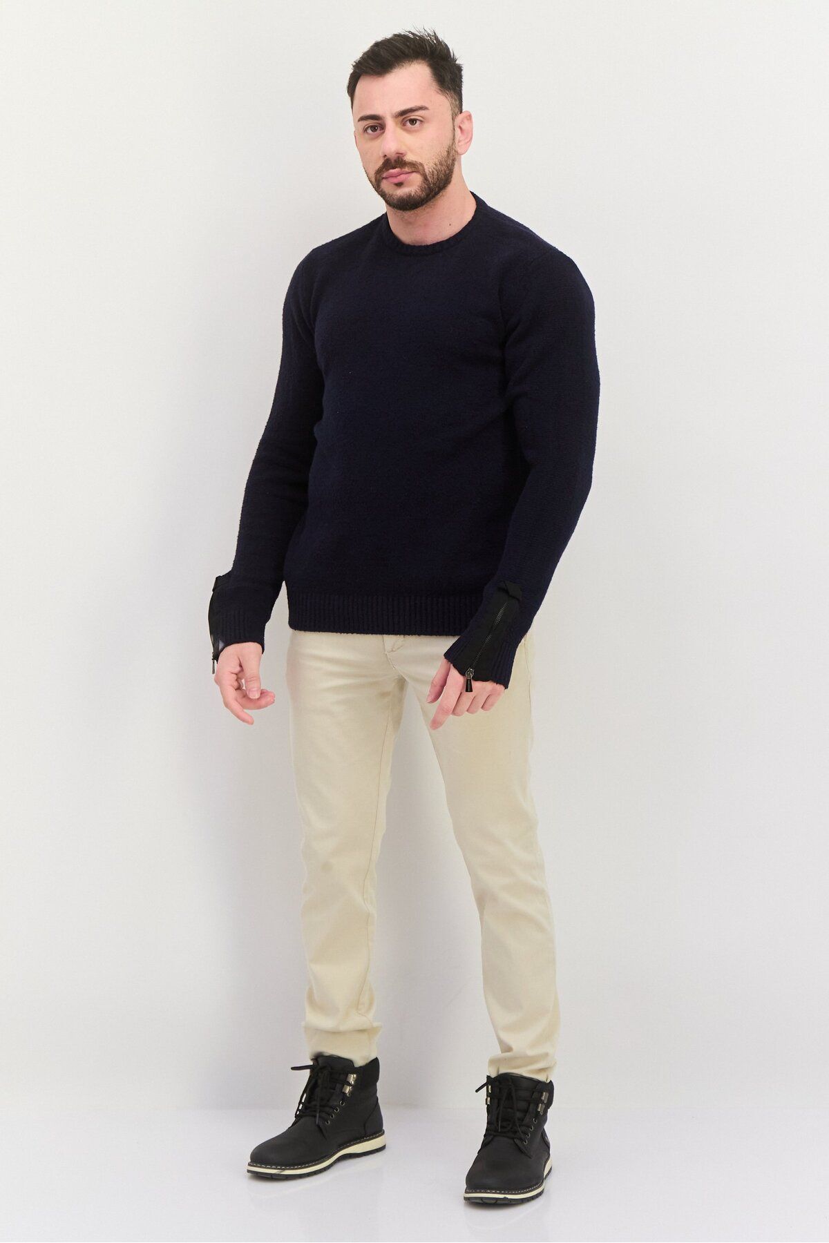 Trussardi Jeans-Men Crew Neck Knitted Long Sleeves  Sweater, Navy 4