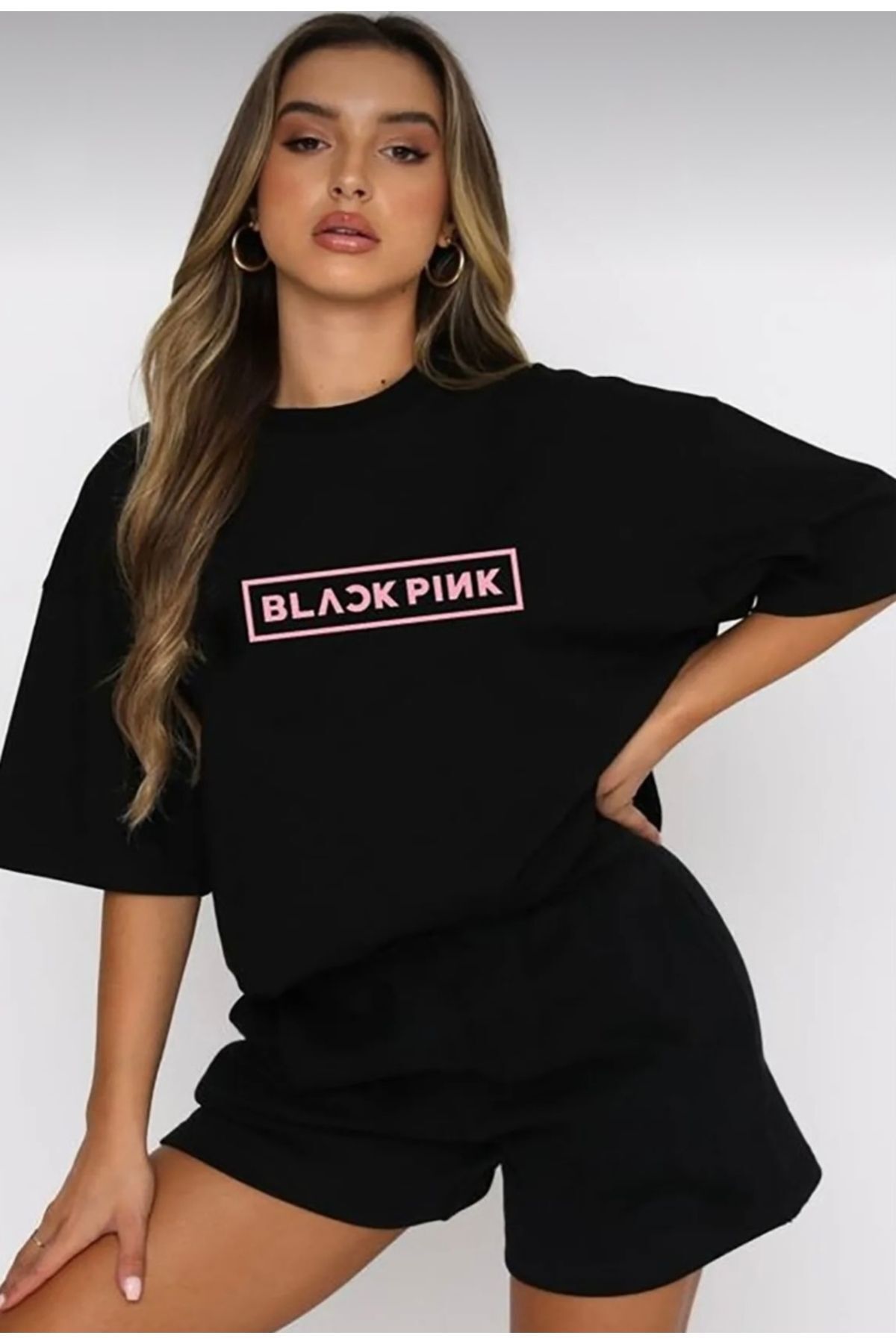 Wish BF Kadın Siyah Blackpink Baskılı Alt Üst Şort T-shirt Takım