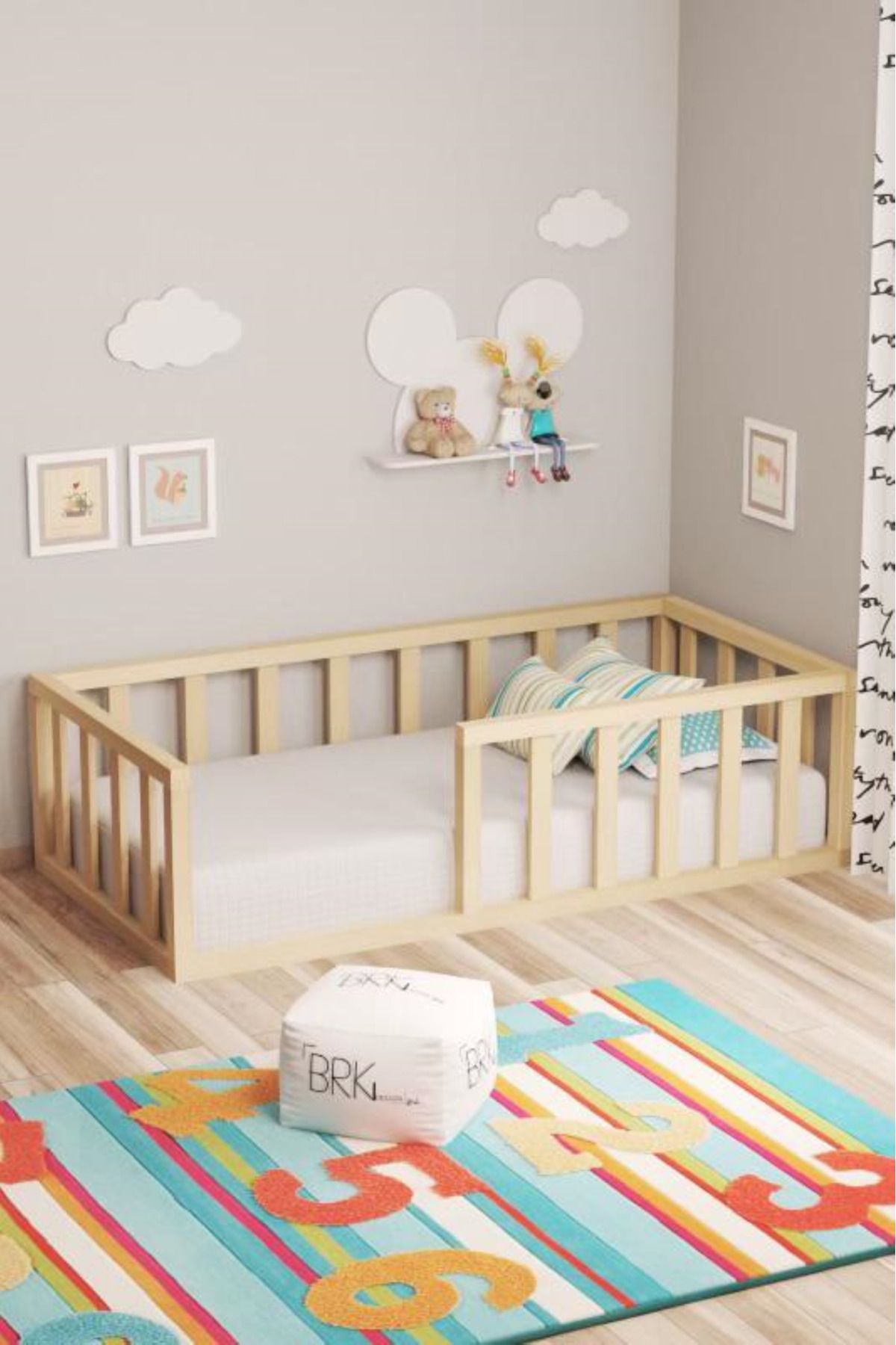 BRK Design Montessori Yatak Ayaksız Doğal %100 Çam Ahşap Çocuk Ve Bebek 90*190