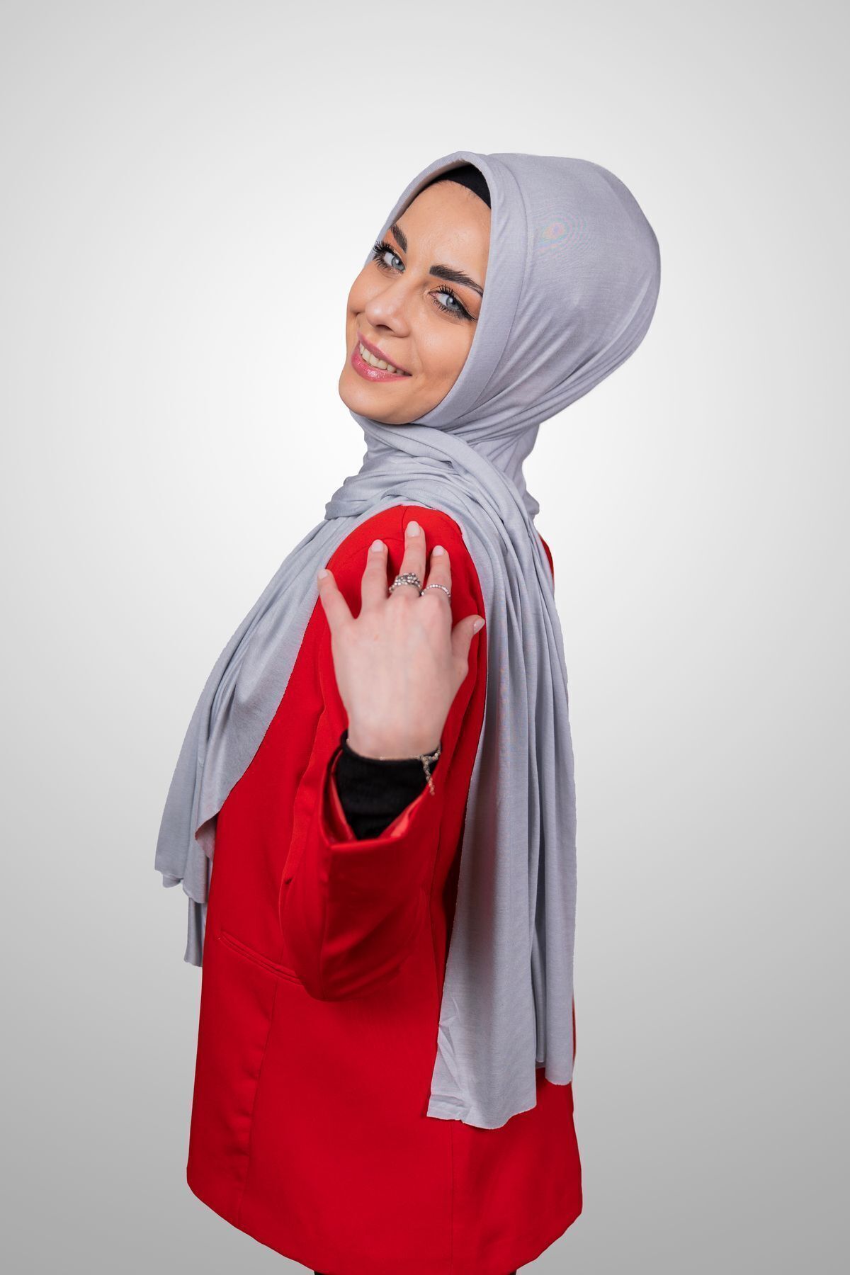 Şalcenneti.com-Women's Hijab Practical Combed Cotton Shawl with Sponge Front Ready Snap Gray Color Scarf 3