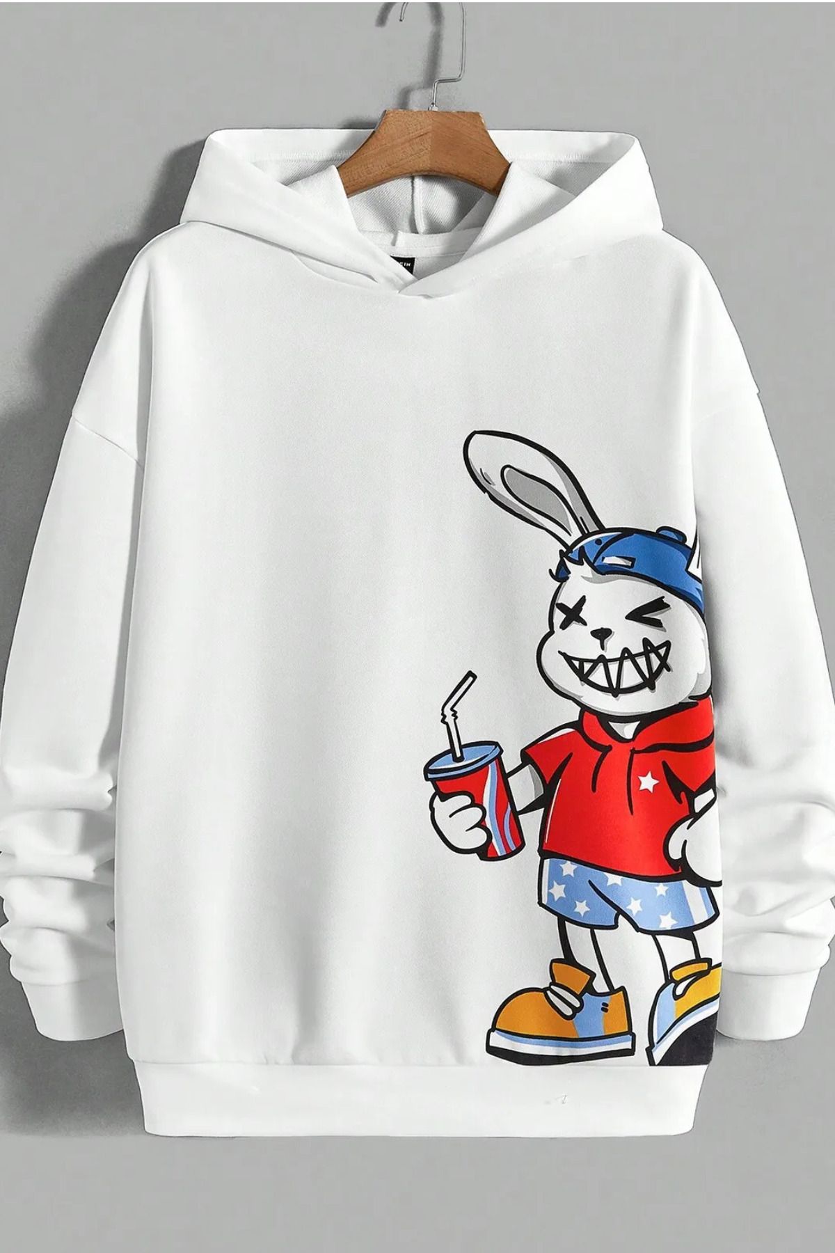 Wish BF Tavşan Baskılı Vintage Strawberry Kapüşonlu Sweatshirt Hoodie Sweat