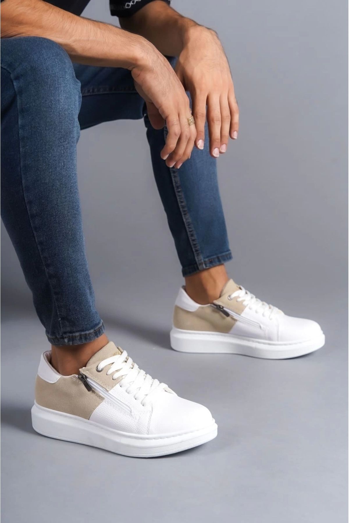 TB Terzi Bey Tb155 Warrior Bağcıklı Ve Fermuarlı Cilt Süet Erkek Günlük Sneaker Ayakkabı Csbt - Beyaz/krem
