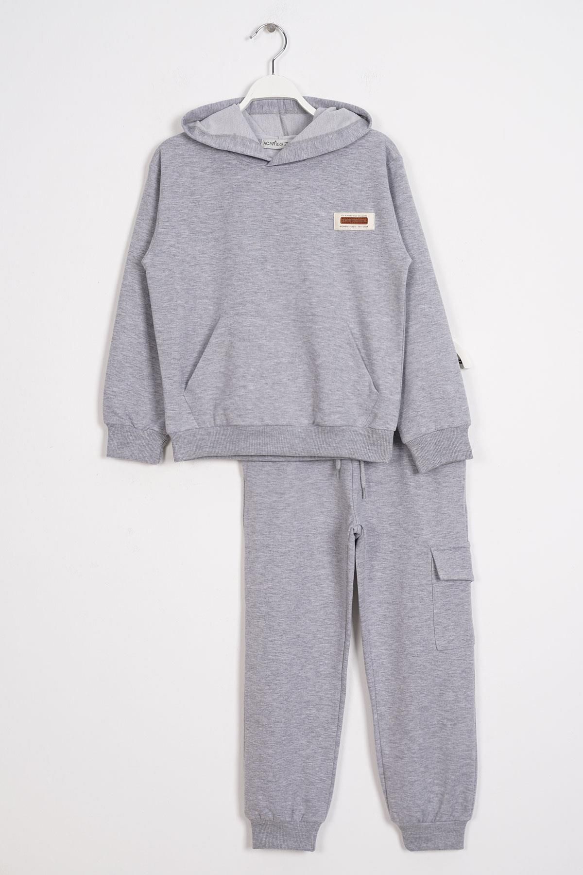 zepkids Costum De Trening Pentru Băiat, Gri Melange, Cu Buzunar Cargo Cu Glugă Masculin - 10–11 years