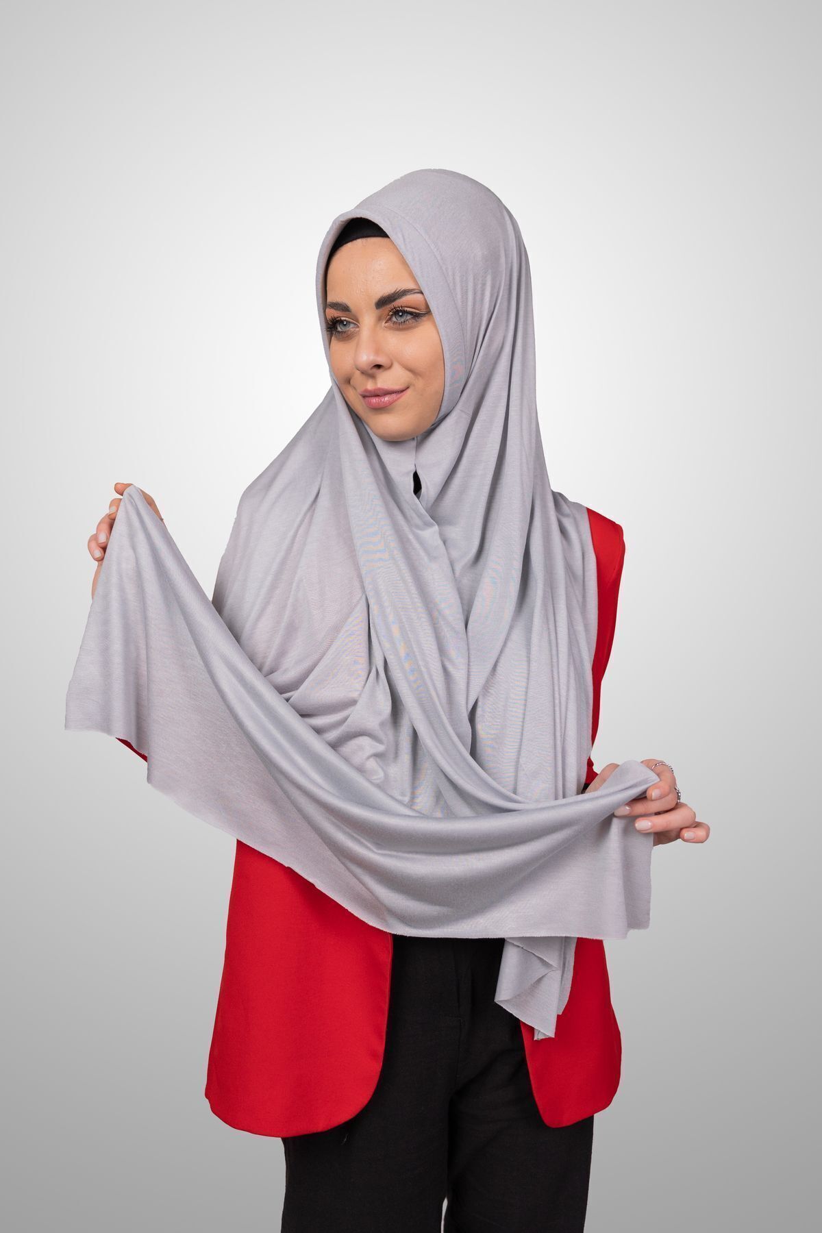 Şalcenneti.com-Women's Hijab Practical Combed Cotton Shawl with Sponge Front Ready Snap Gray Color Scarf 5