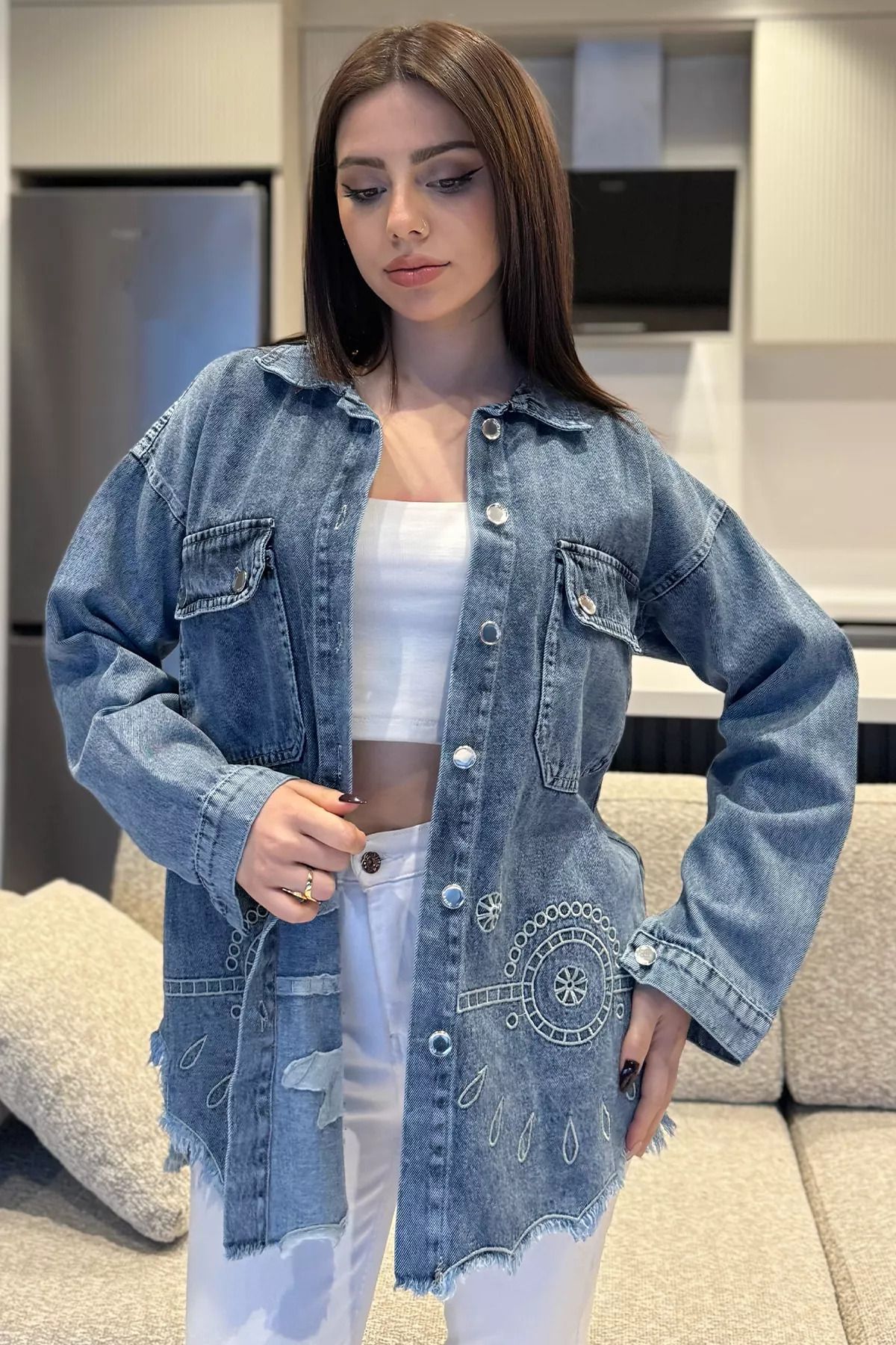 GÜLSELİ-Ice Blue Embroidered Tasseled Women's Denim Jacket 1