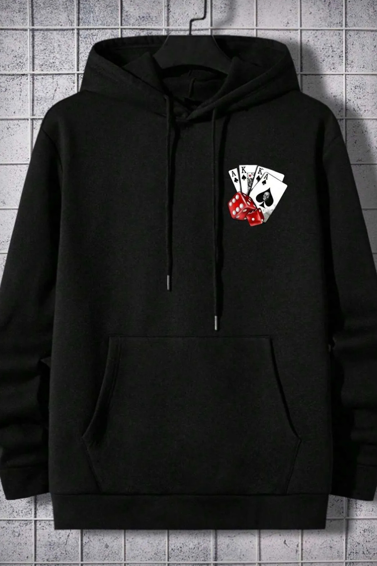 Wish BF oyun kartları ön arka baskılı siyah oversize kapşonlu sweatshirt hoodie görsel 2