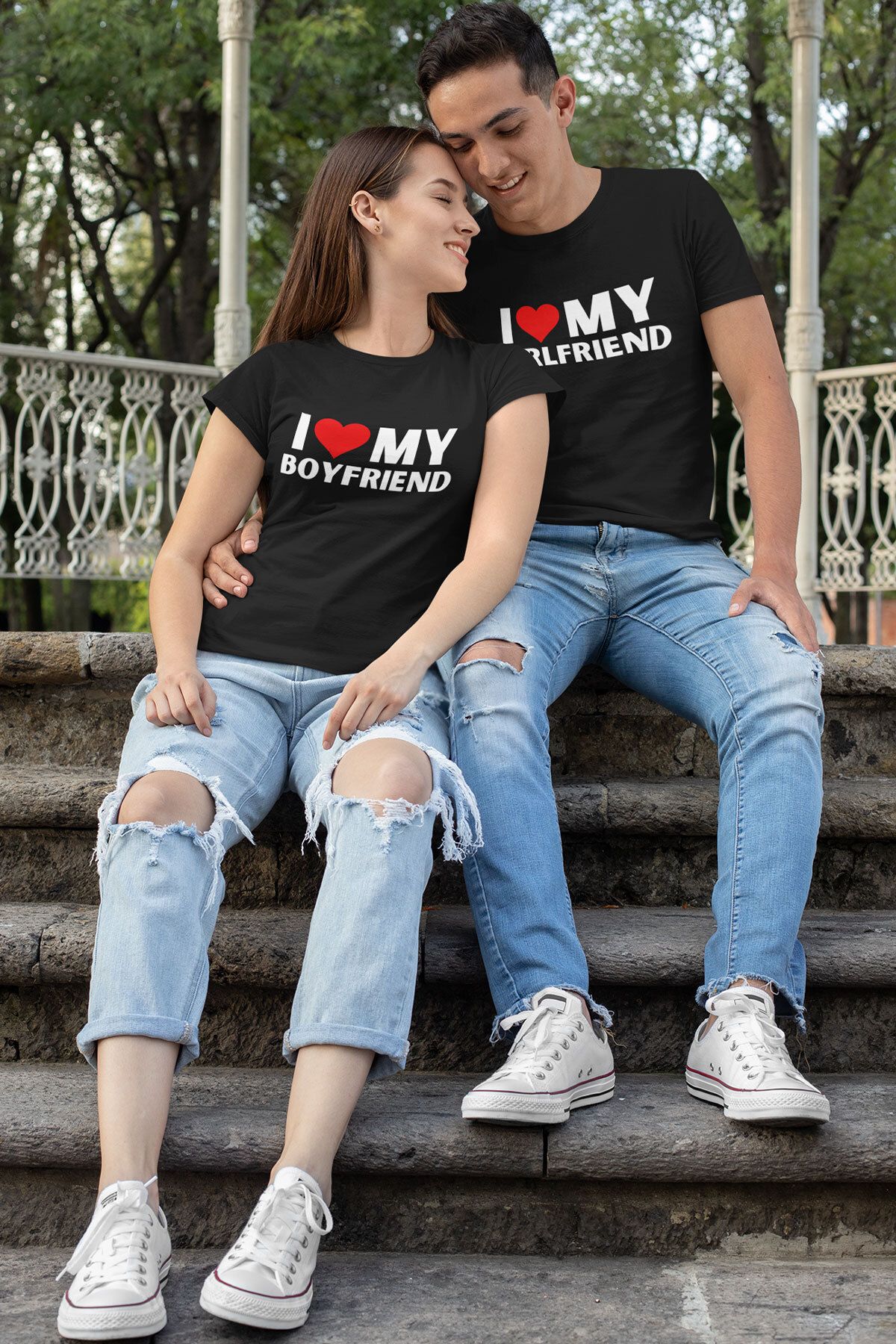 qoeuyl boutique I Love Girlfriend Boyfriend Baskılı Sevgili Çift Kombin İkili Sevgililer Günü Hediye T-Shirt