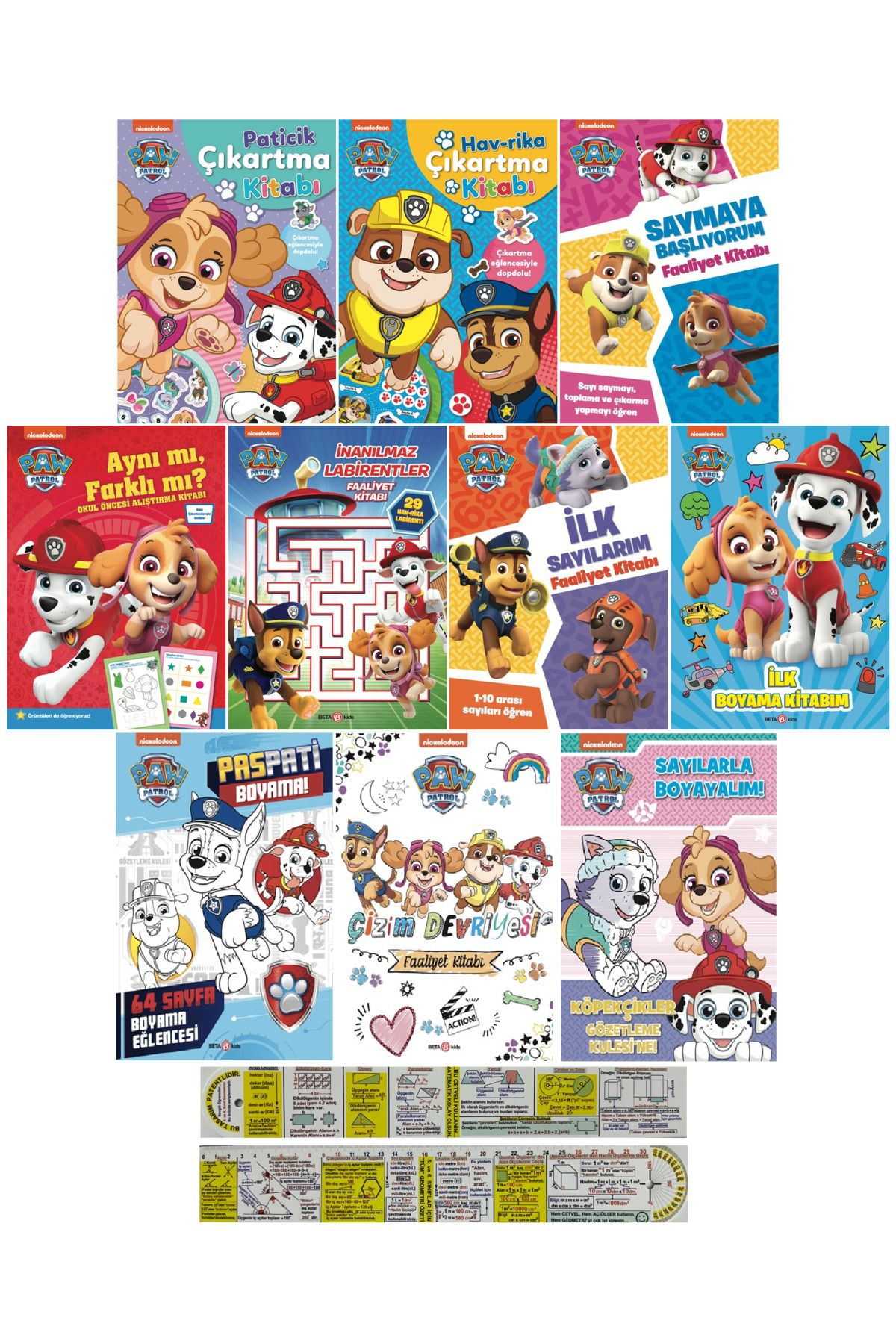 Alfa Yayınları Paw Patrol Boyama, Etkinlik ve Çıkartma Kitapları 10'lu Set + Mat. Öğreten Cetvel