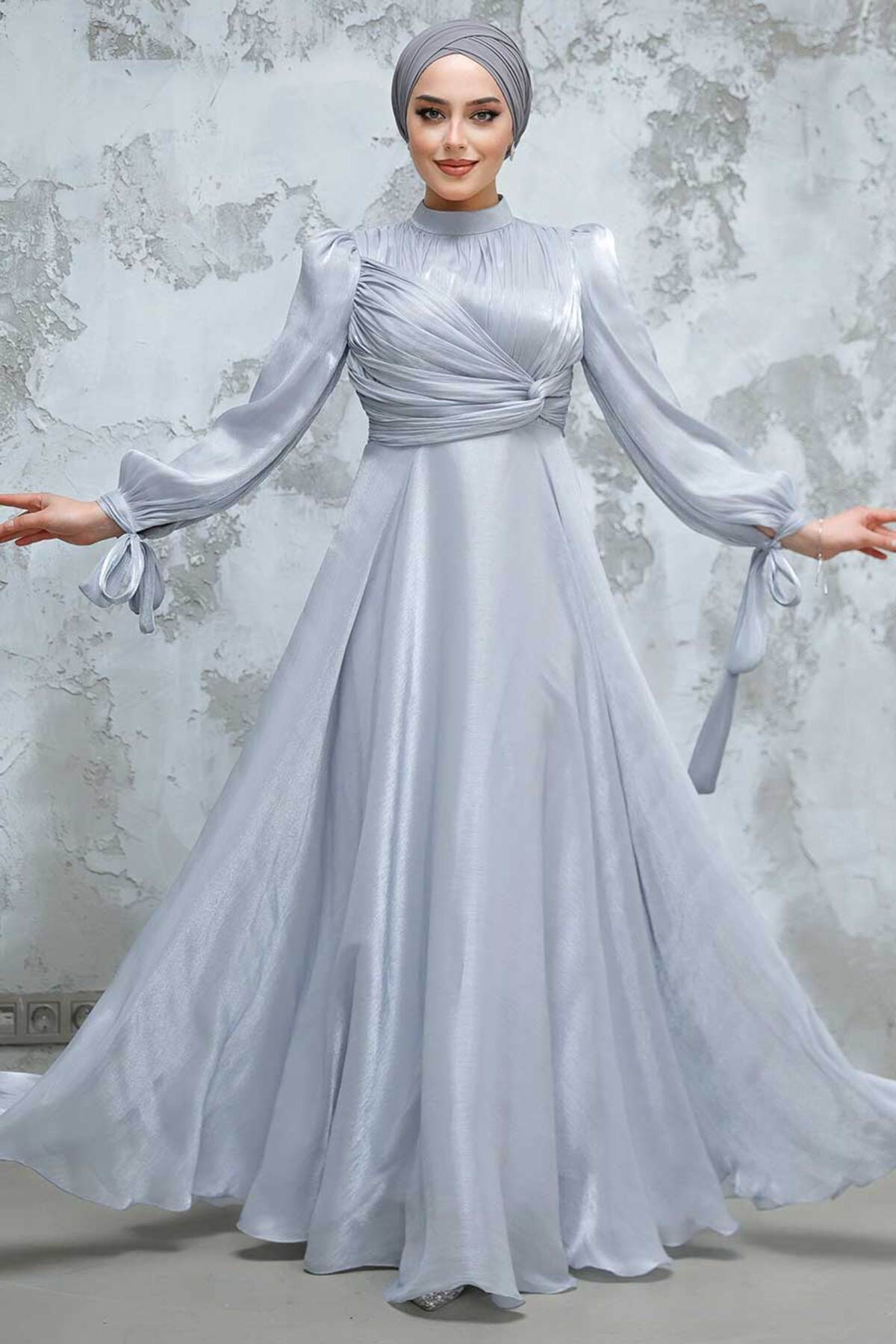 Neva Style-Drape Detailed Gray Hijab Evening Dress 4823Gr 1