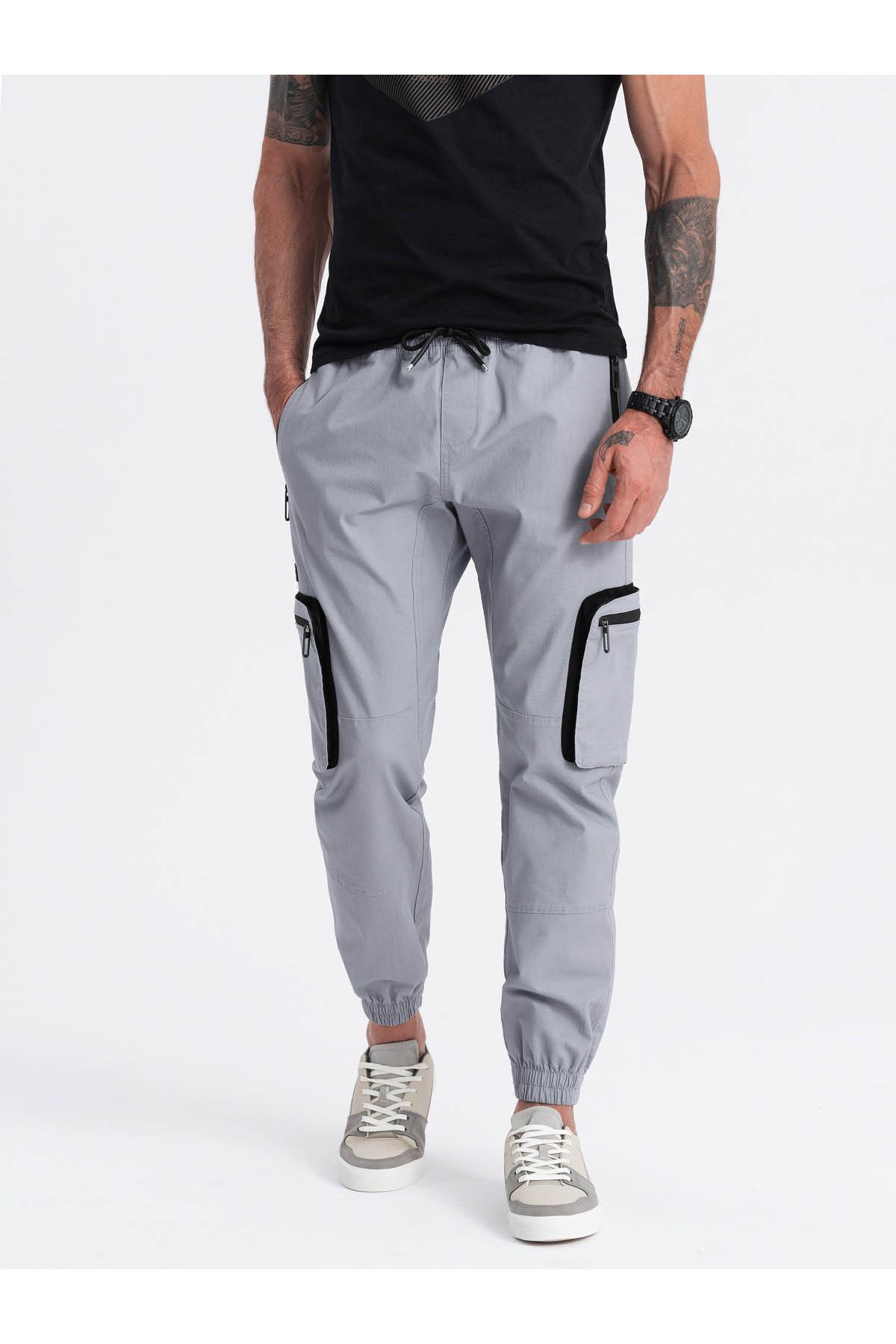 OMBRE-Men's JOGGER pants with stand-off and zippered cargo pockets - light grey V8 OM-PAJO-0135 S 3