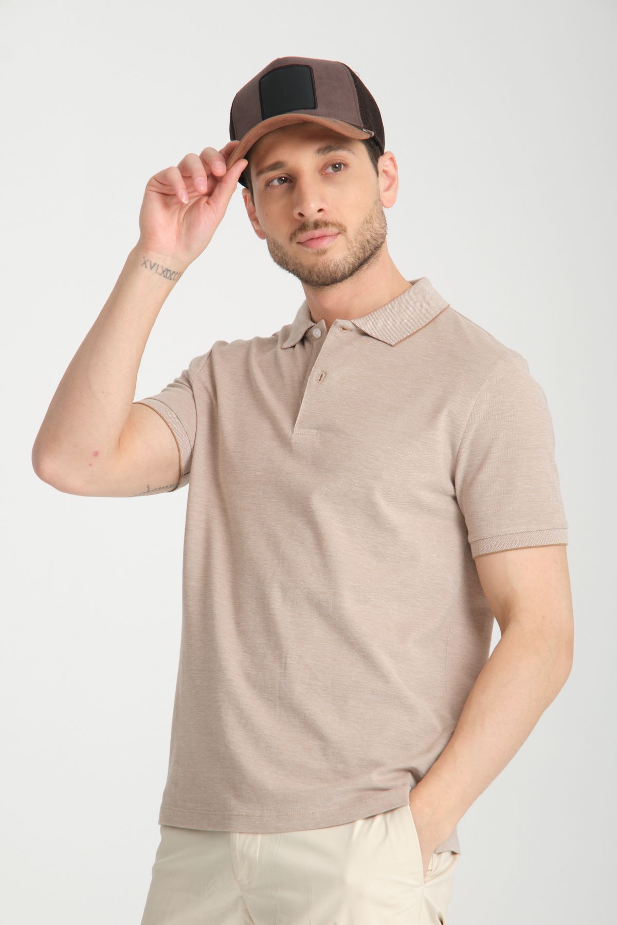 Frappoli Boggee Pedso Erkek Camel İtalyan Yaka Çekmez Likralı %100 Pamuklu Kumaş Slim Fit Polo Yaka Tişört