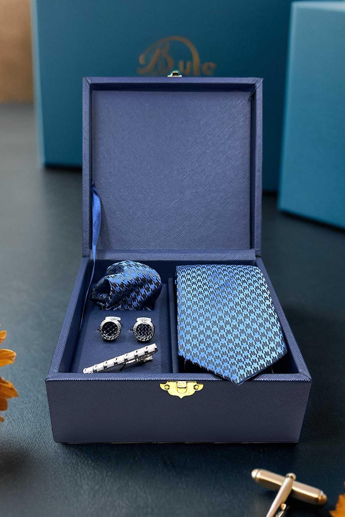 Kravatkolik-Men's Navy Blue Gift Box - Tie Clip and Cufflinks Kmk61 1