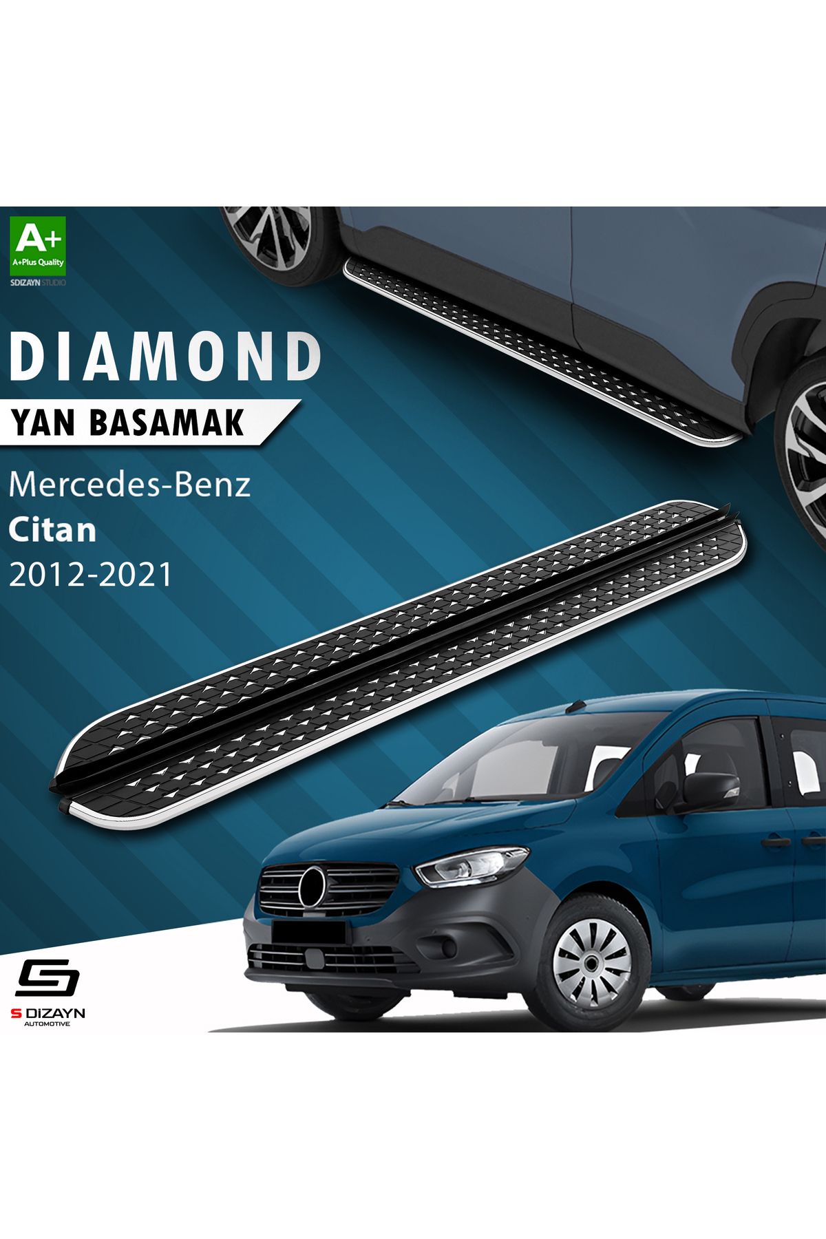 Life Tuning S-Dizayn Citan Uzun Şase Diamond Krom Yan Basamak 223 Cm 2012-2021 A+ Kalite