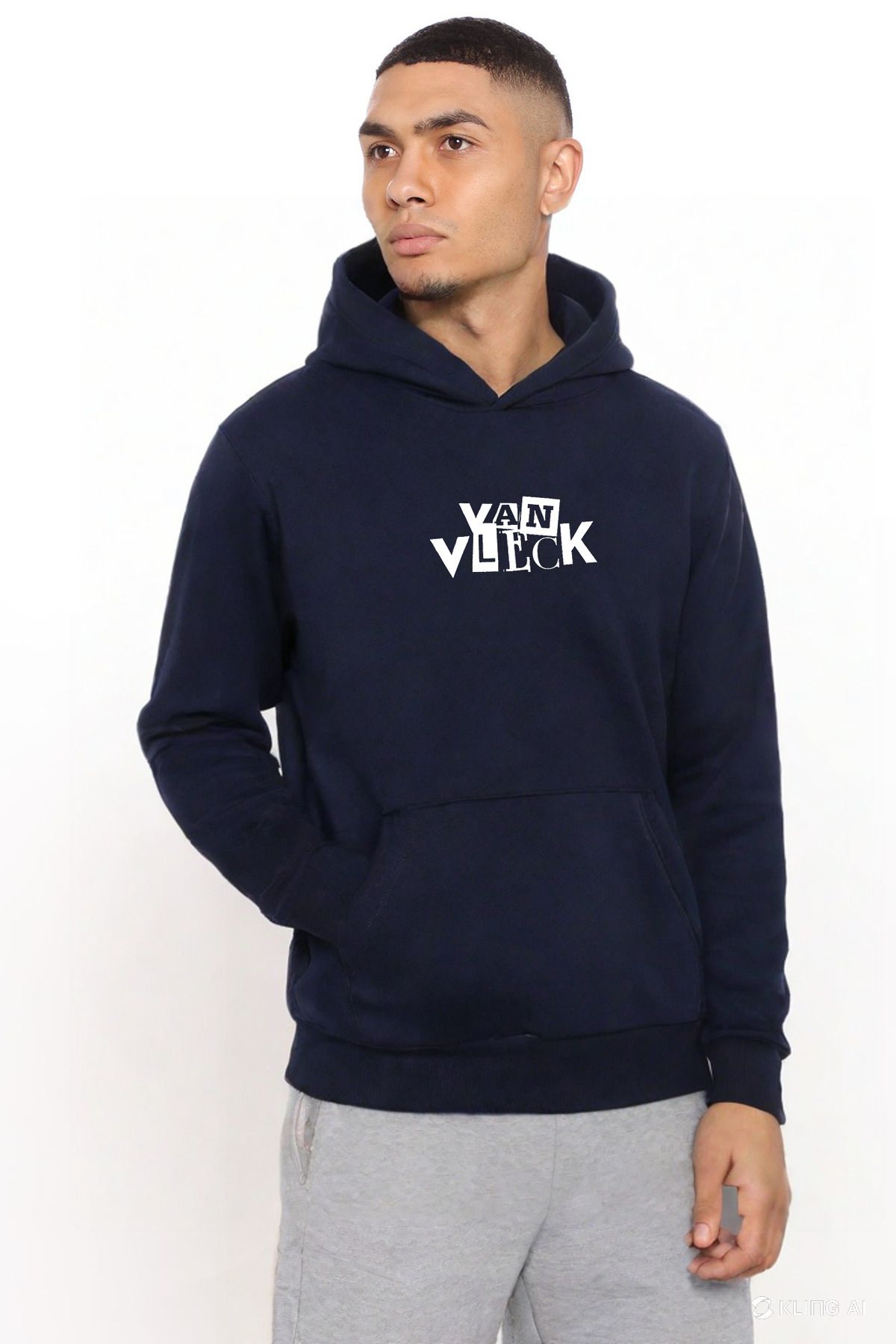 VAN VLECK Erkek Lacivert Kışlık Kapüşonlu Kalın Sweatshirt Van Vleck Baskılı