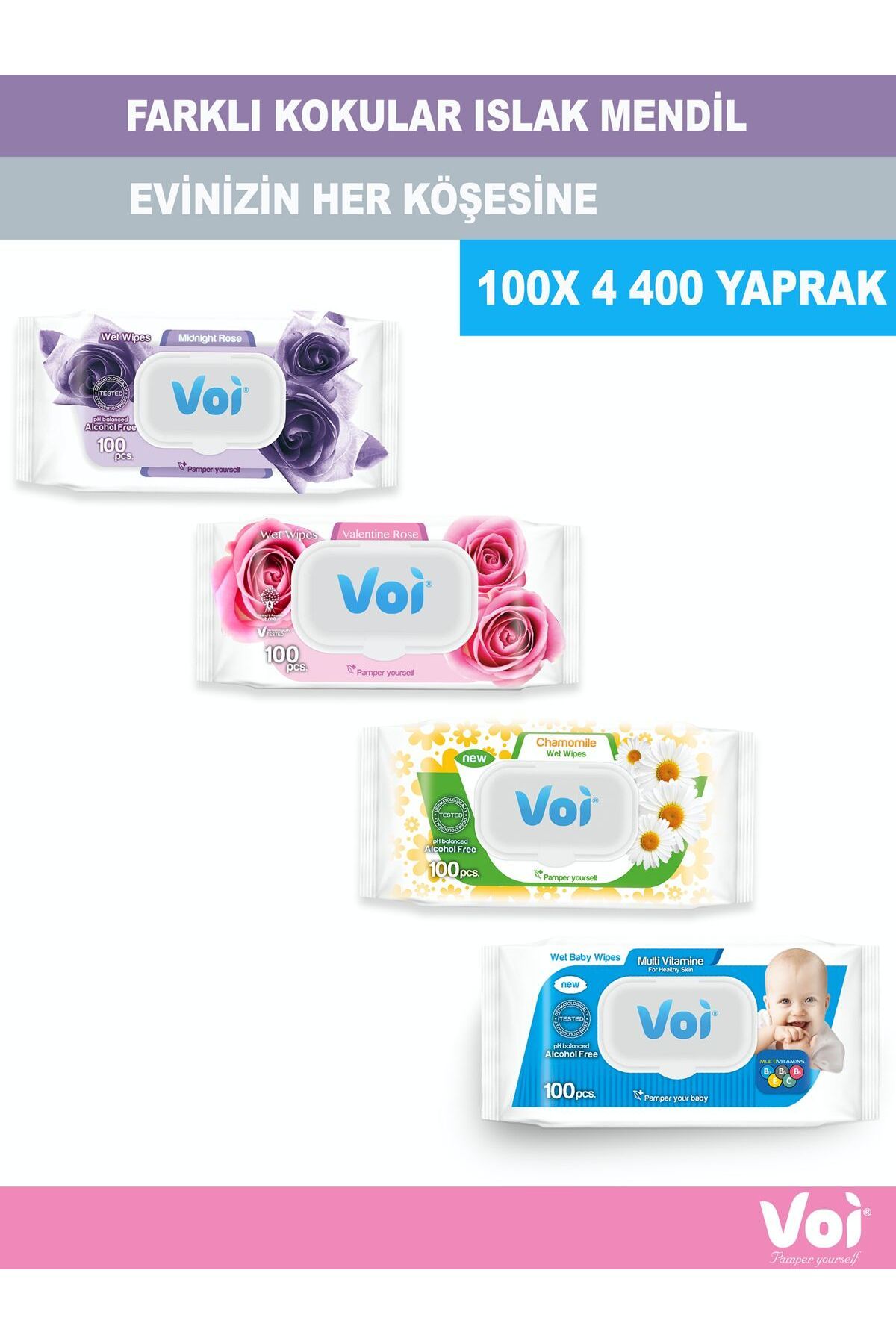 VOI 4 Farklı Çeşit Islak Mendil ve Bebek Islak Mendil (Gül Kokulu ,Papatya Özlü ve MultiVitaminli)