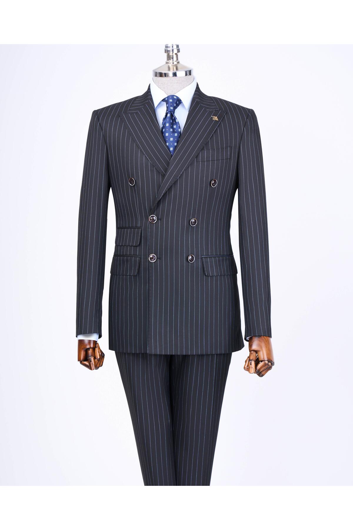 TerziAdemAltun İtalyan stil slim fit çizgili kruvaze ceket pantolon takım elbise lacivert T13198 görsel 3