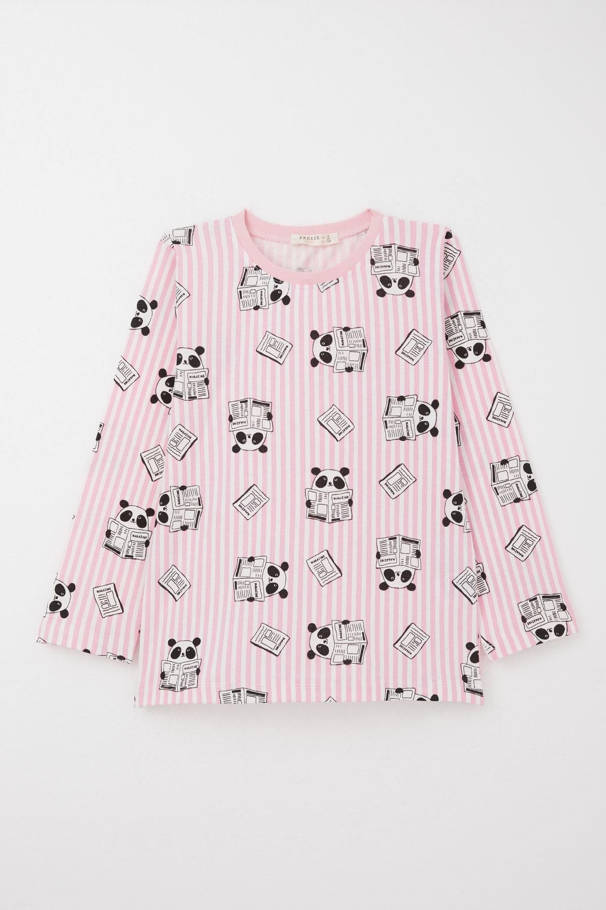 Breeze-Pink Panda Patterned Girl's Pajama Set - Magazine Cute, 4-8 Years Old 2