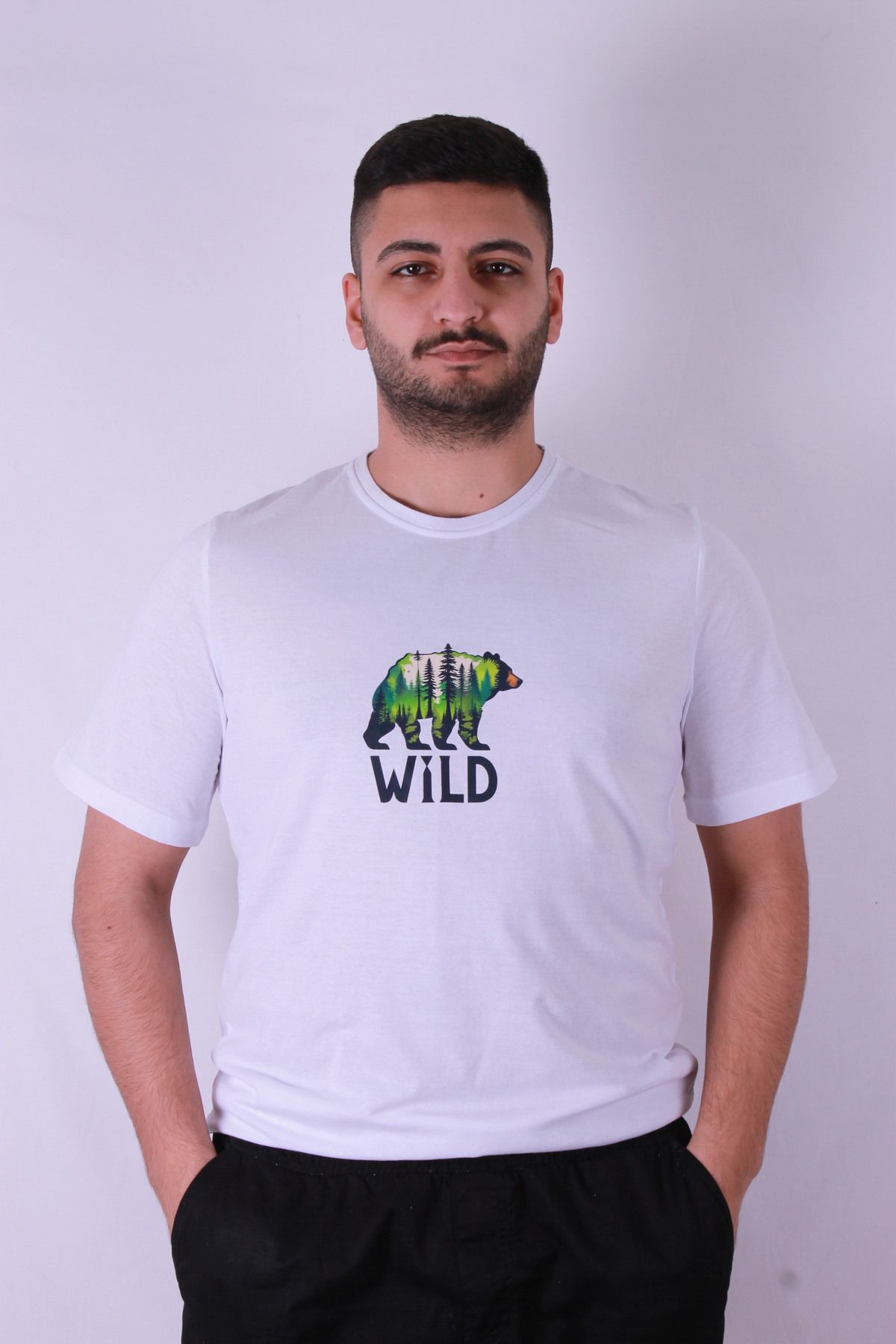 trender Wild Ayı Baskı Beyaz Erkek T-Shirt