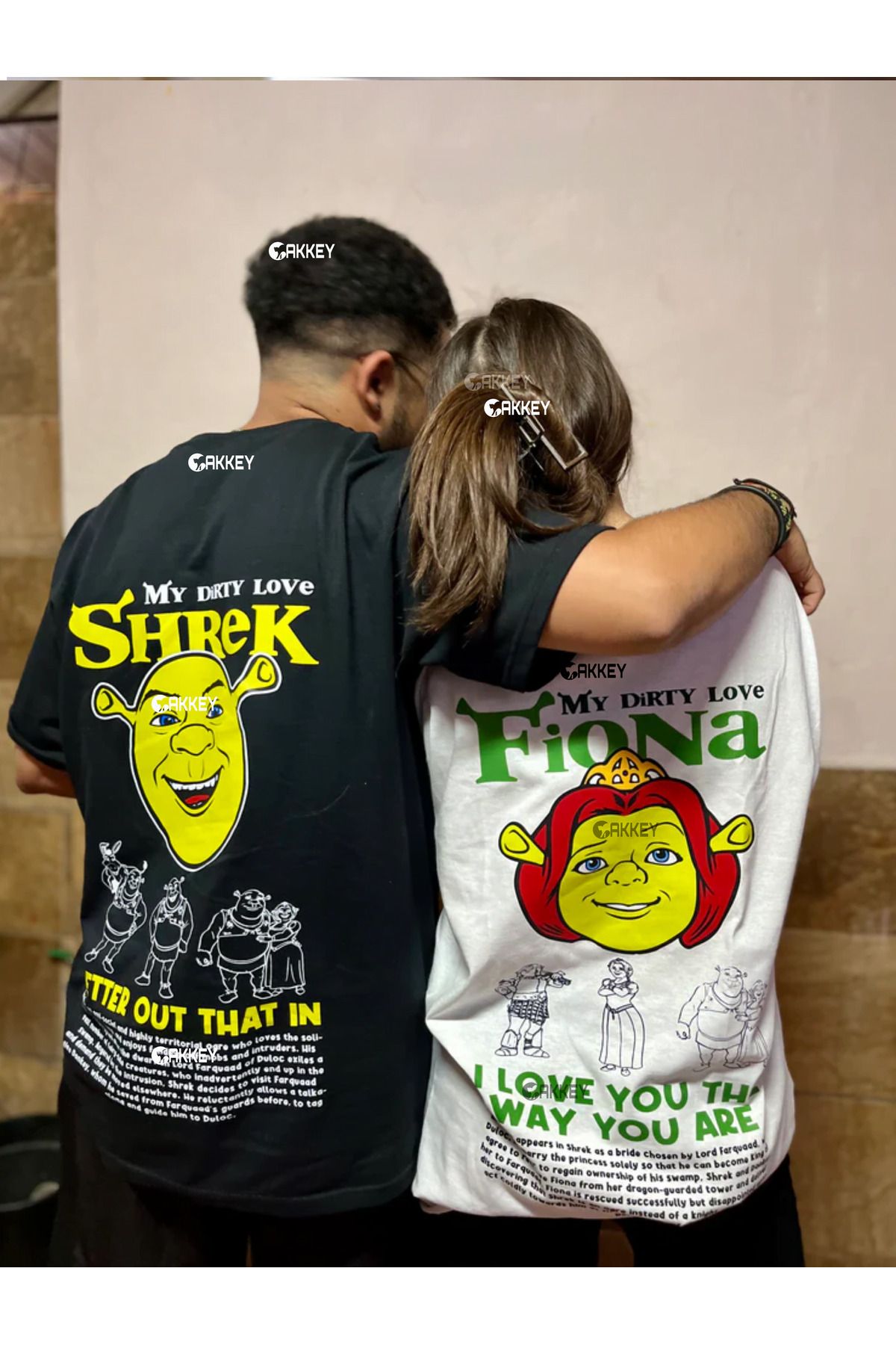 Cakkey Trend 14 Şubat Sevgililer Günü Fiona&Shrek-Eşek Baskılı Couple Çift Sevgili T-Shirt